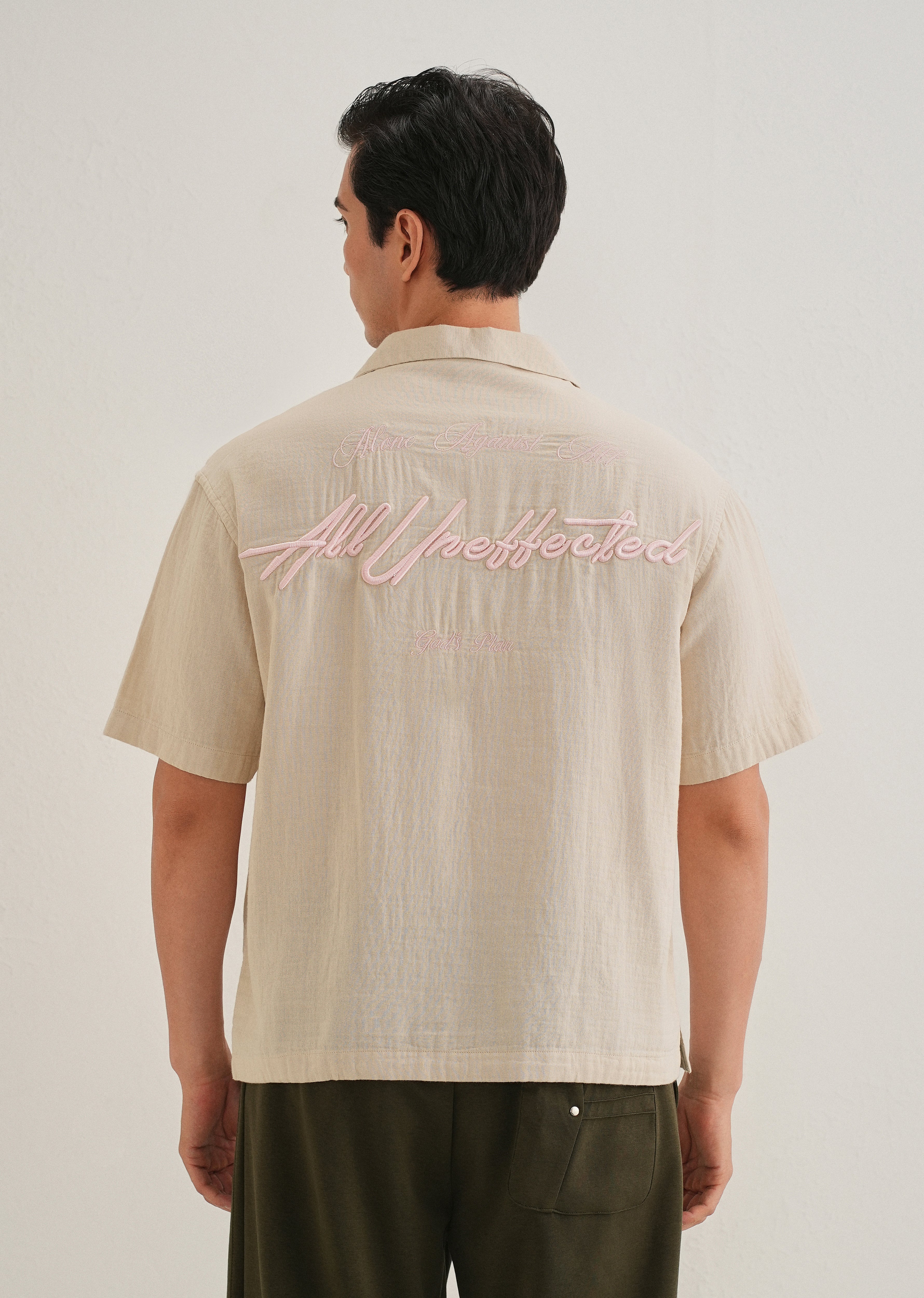 Beige Embroidered Double Cloth Cotton Shirt