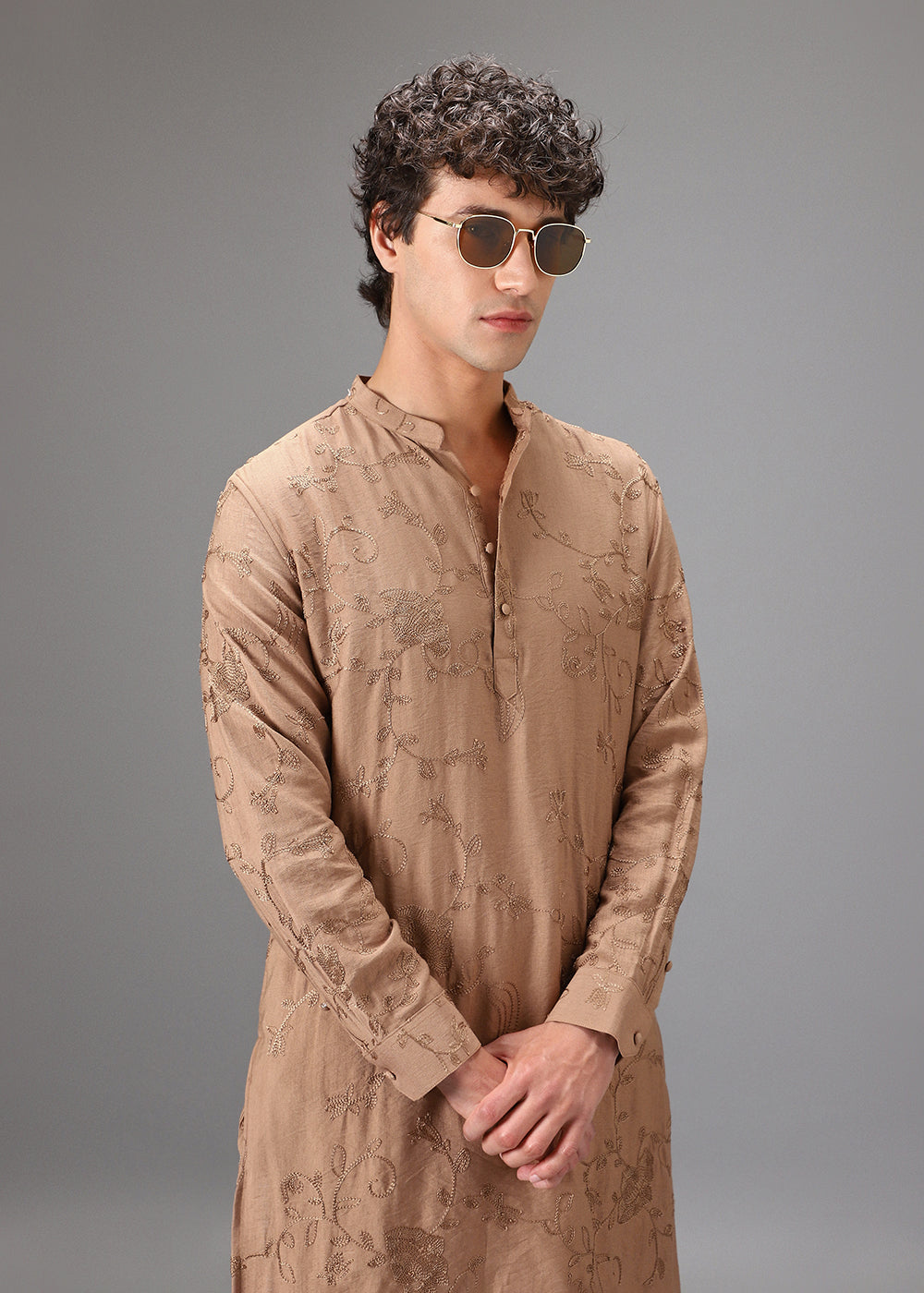 Beige Self Thread Embroidered Kurta