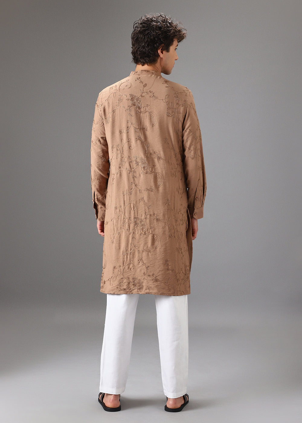 Beige Self Thread Embroidered Kurta