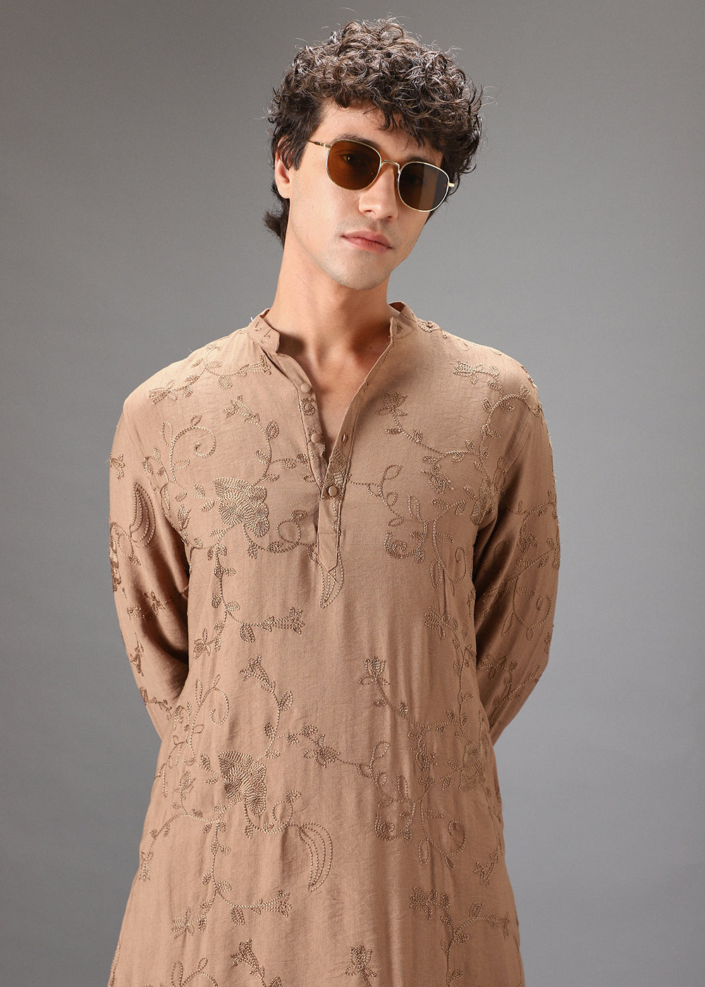 Beige Self Thread Embroidered Kurta