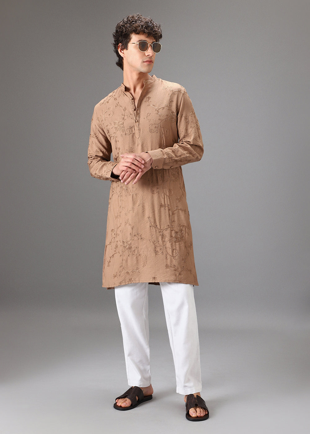 Beige Self Thread Embroidered Kurta