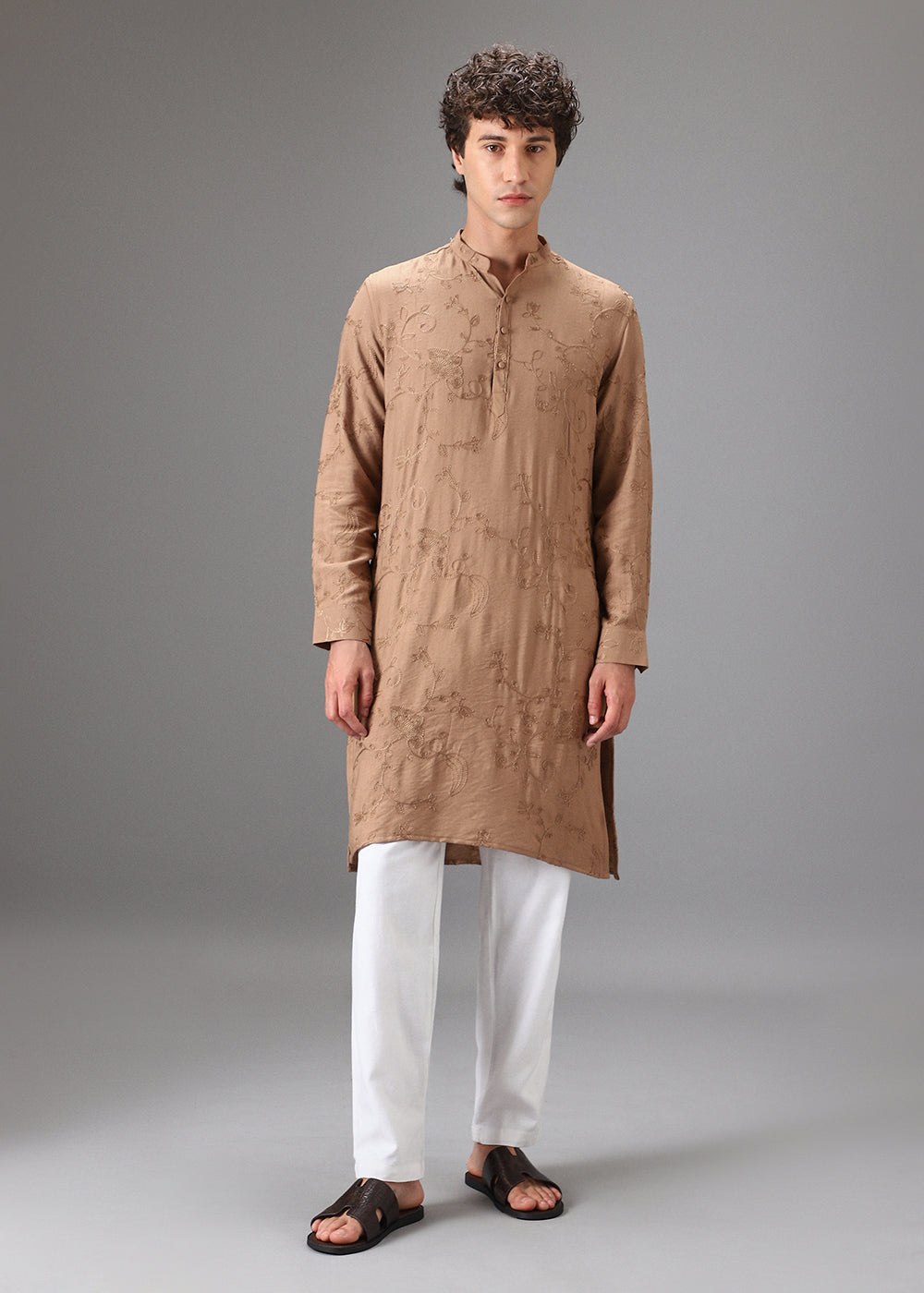 Beige Self Thread Embroidered Kurta