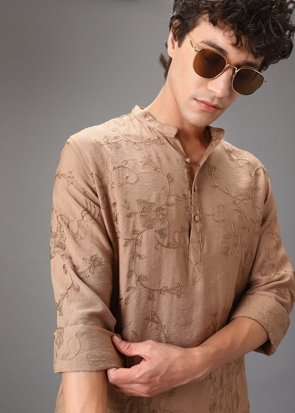 Beige Self Thread Embroidered Kurta