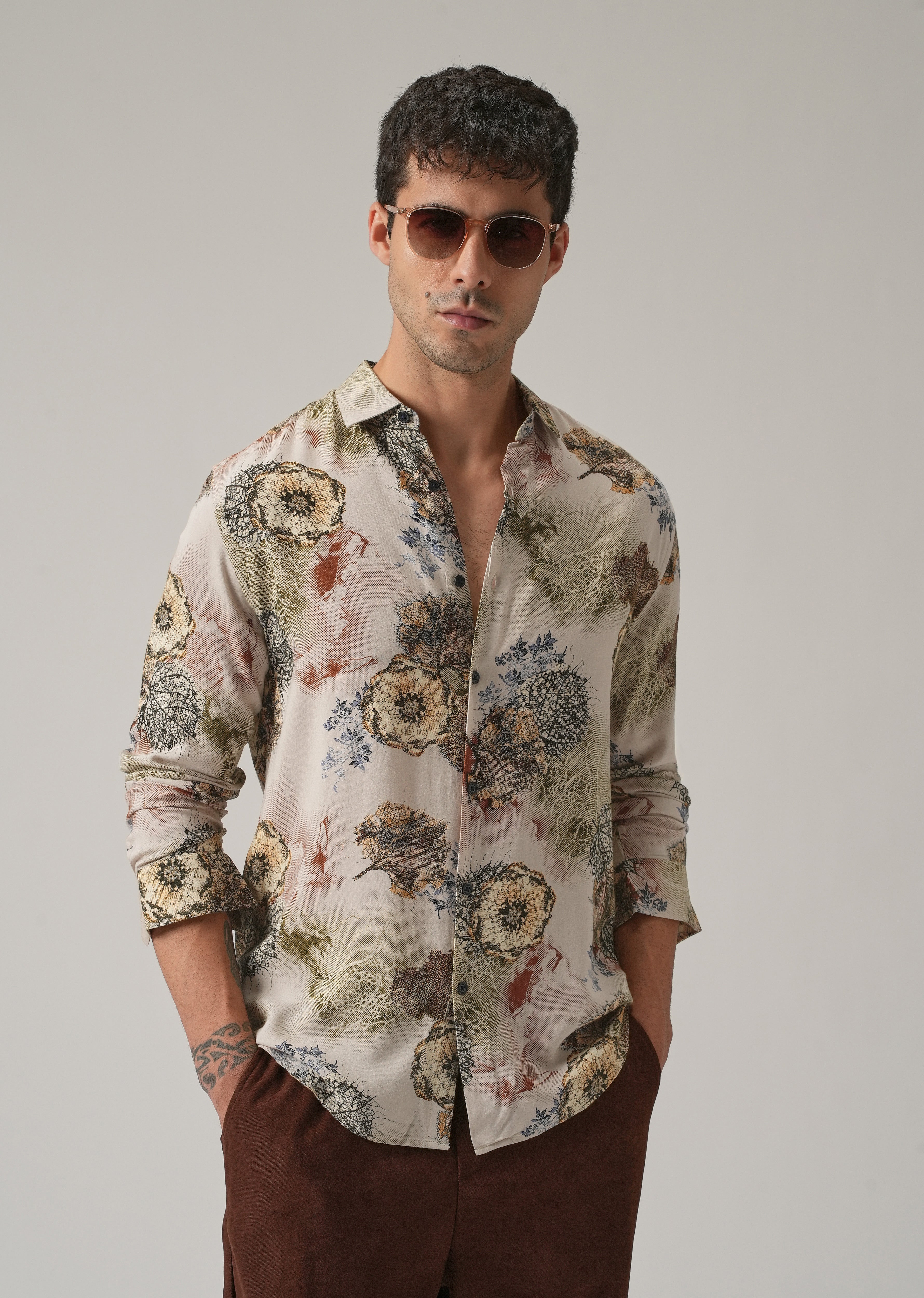 Beige Flora Print Feather Shirt