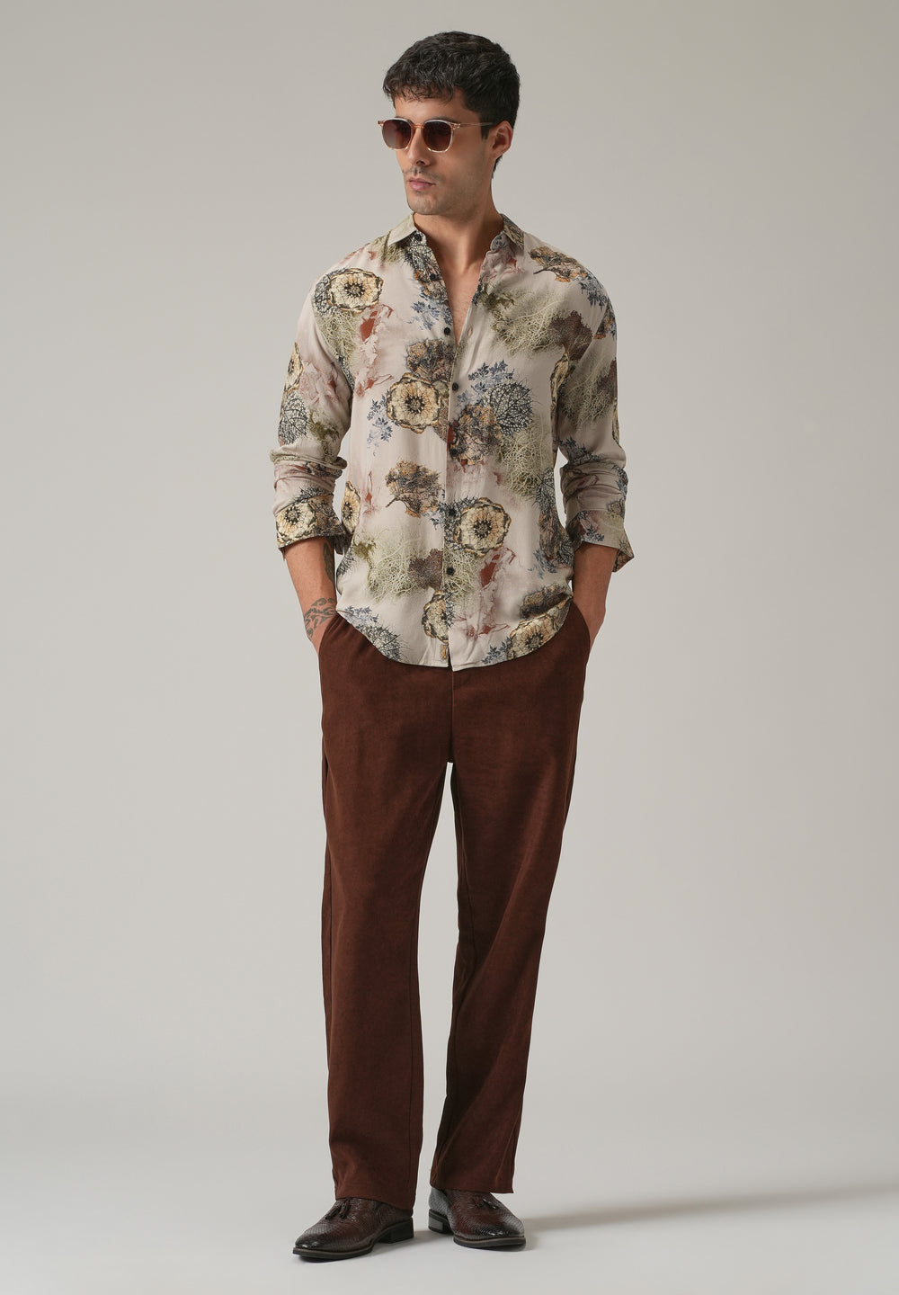 Beige Flora Print Feather Shirt