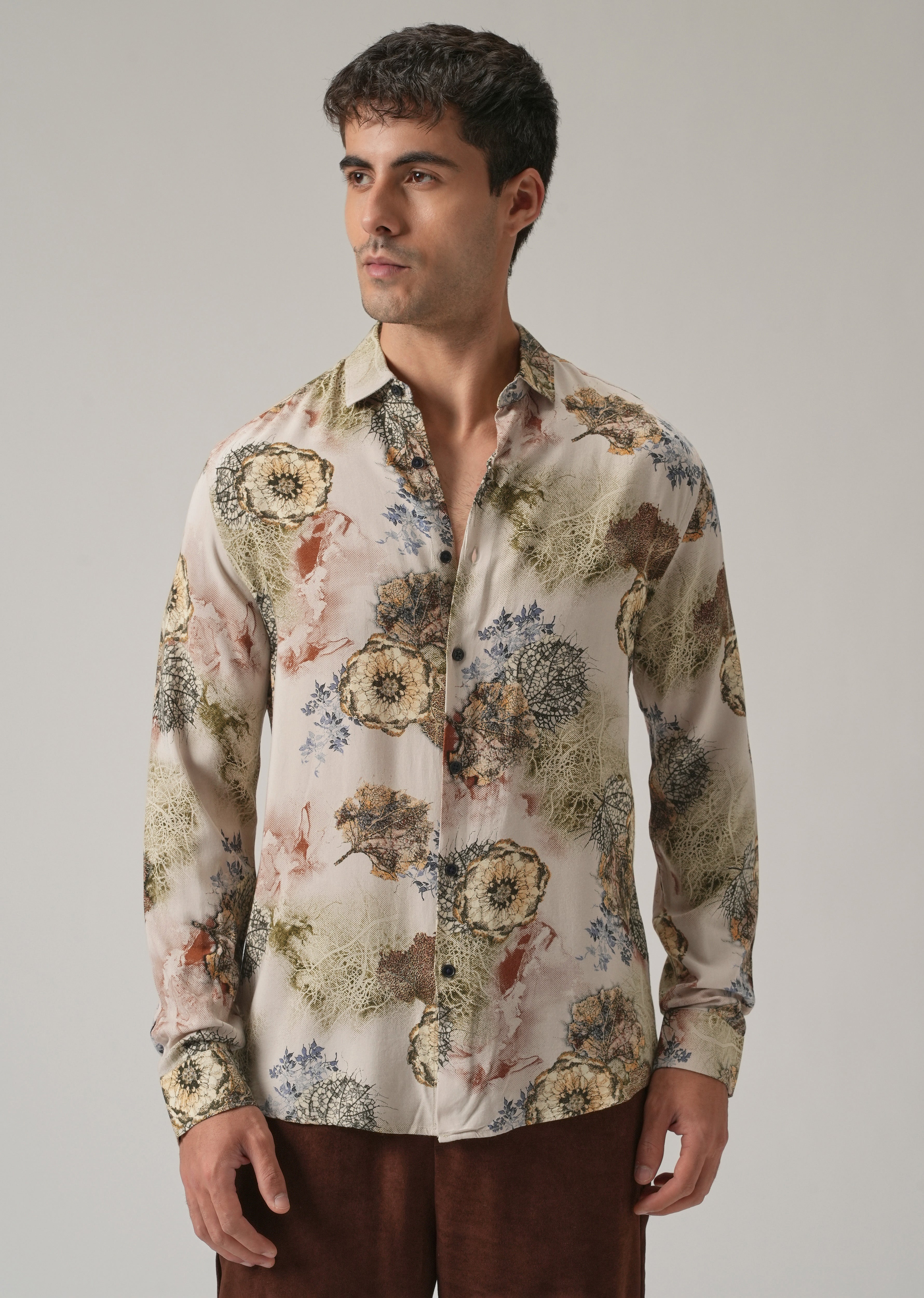 Beige Flora Print Feather Shirt