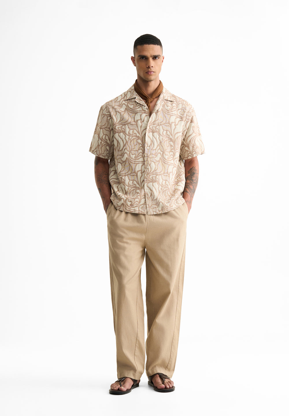 Beige Floral Jacquard Boxy Shirt