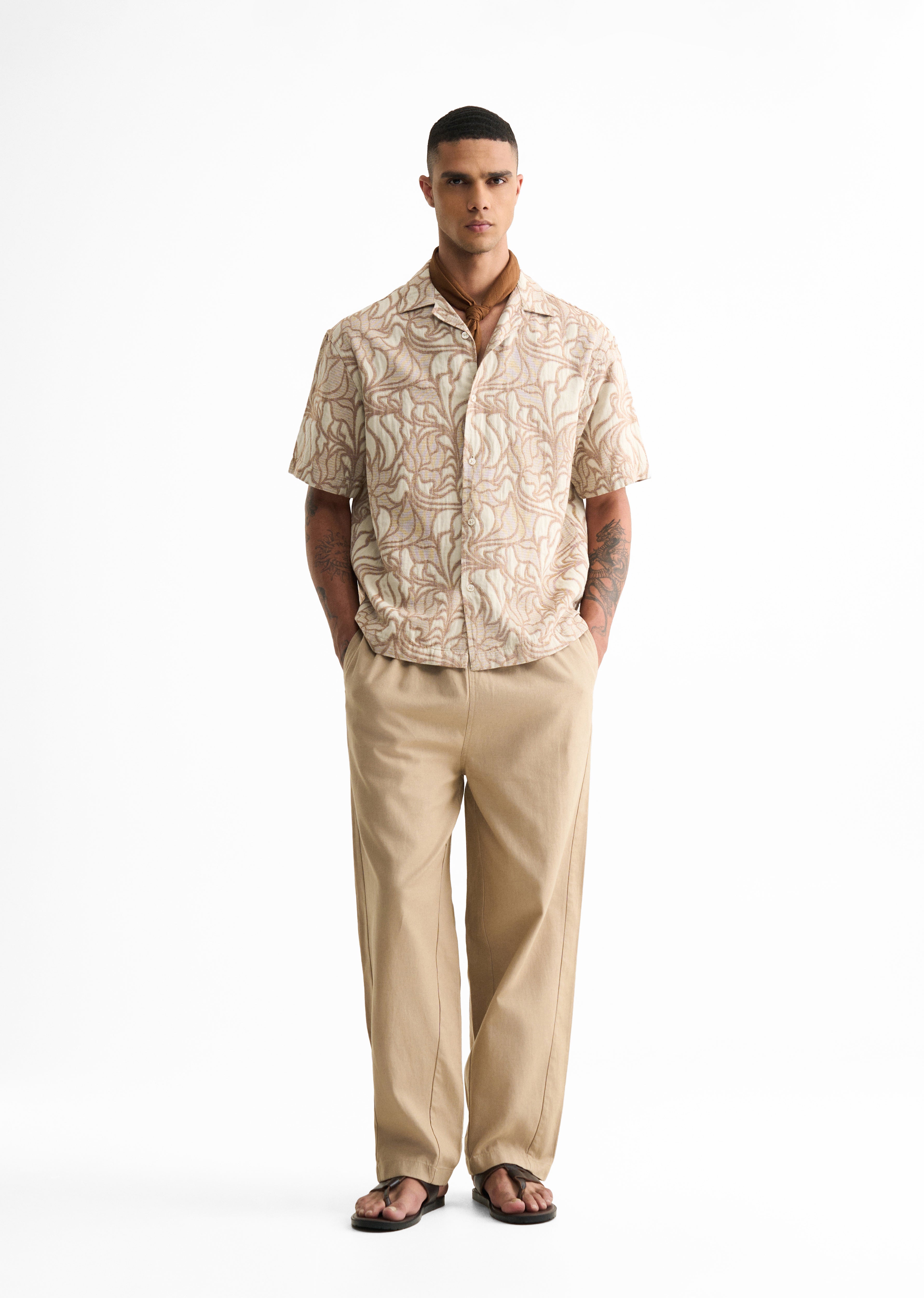 Beige Floral Jacquard Boxy Shirt