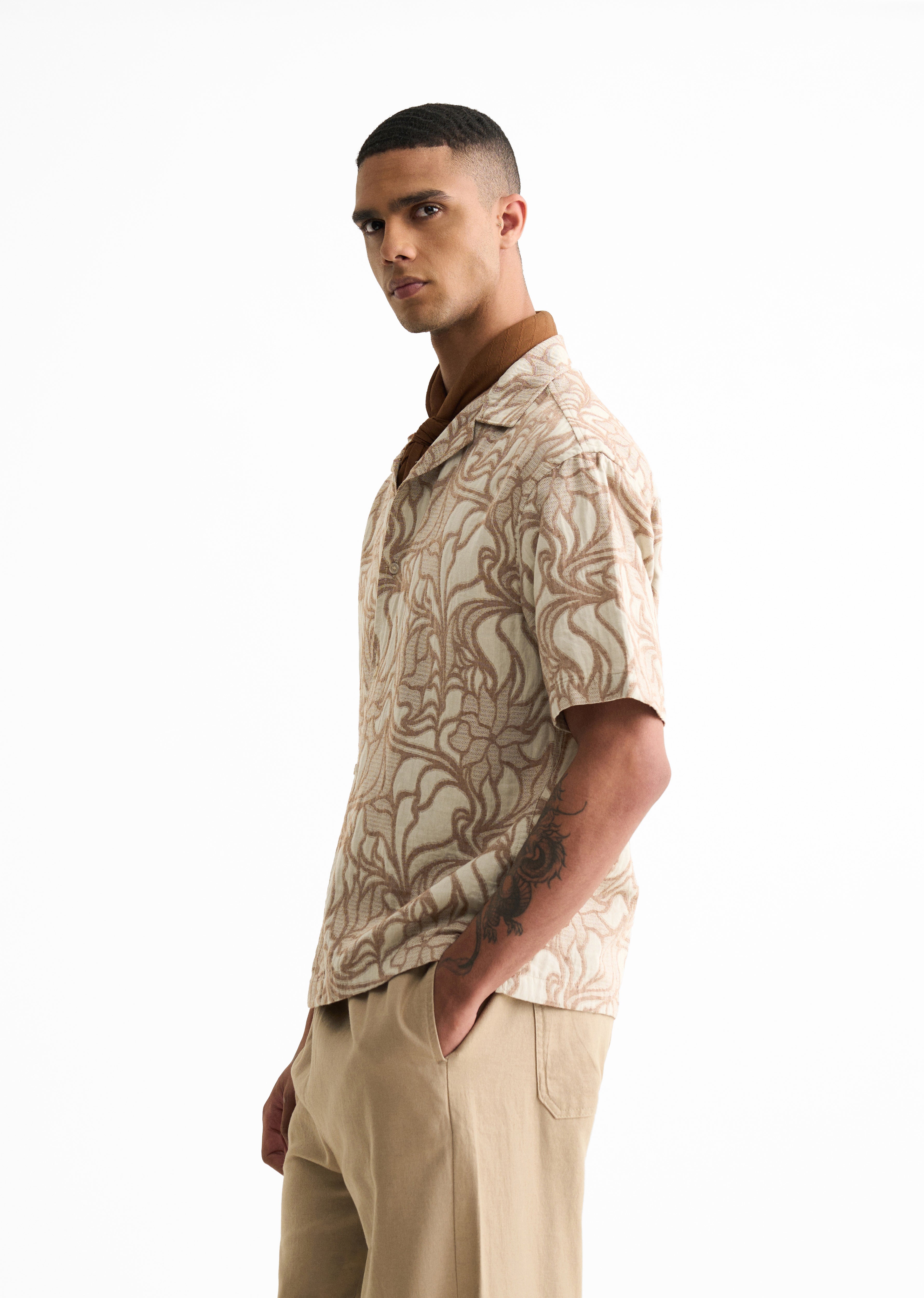 Beige Floral Jacquard Boxy Shirt