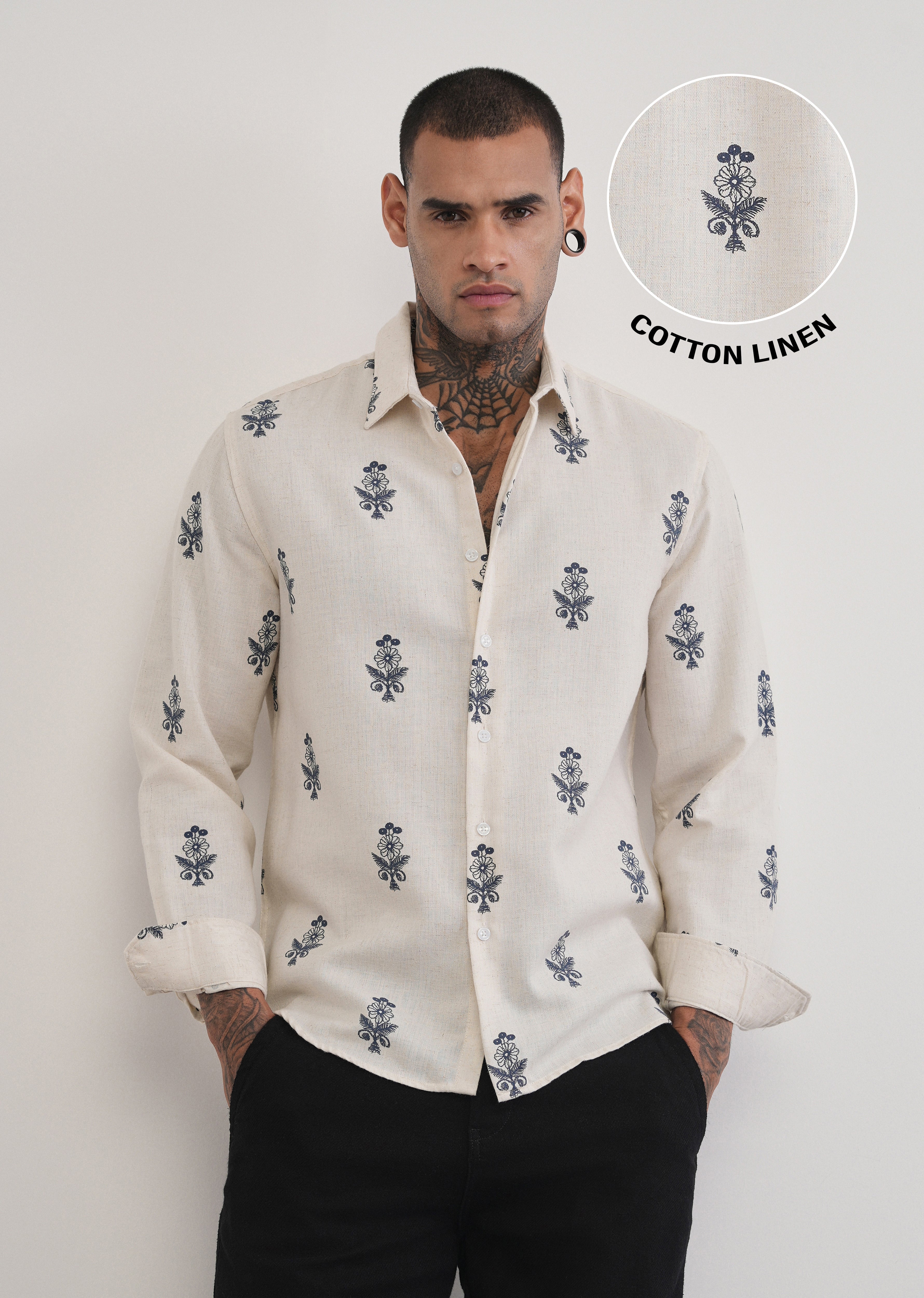 Beige Blended Linen Floral Print Shirt