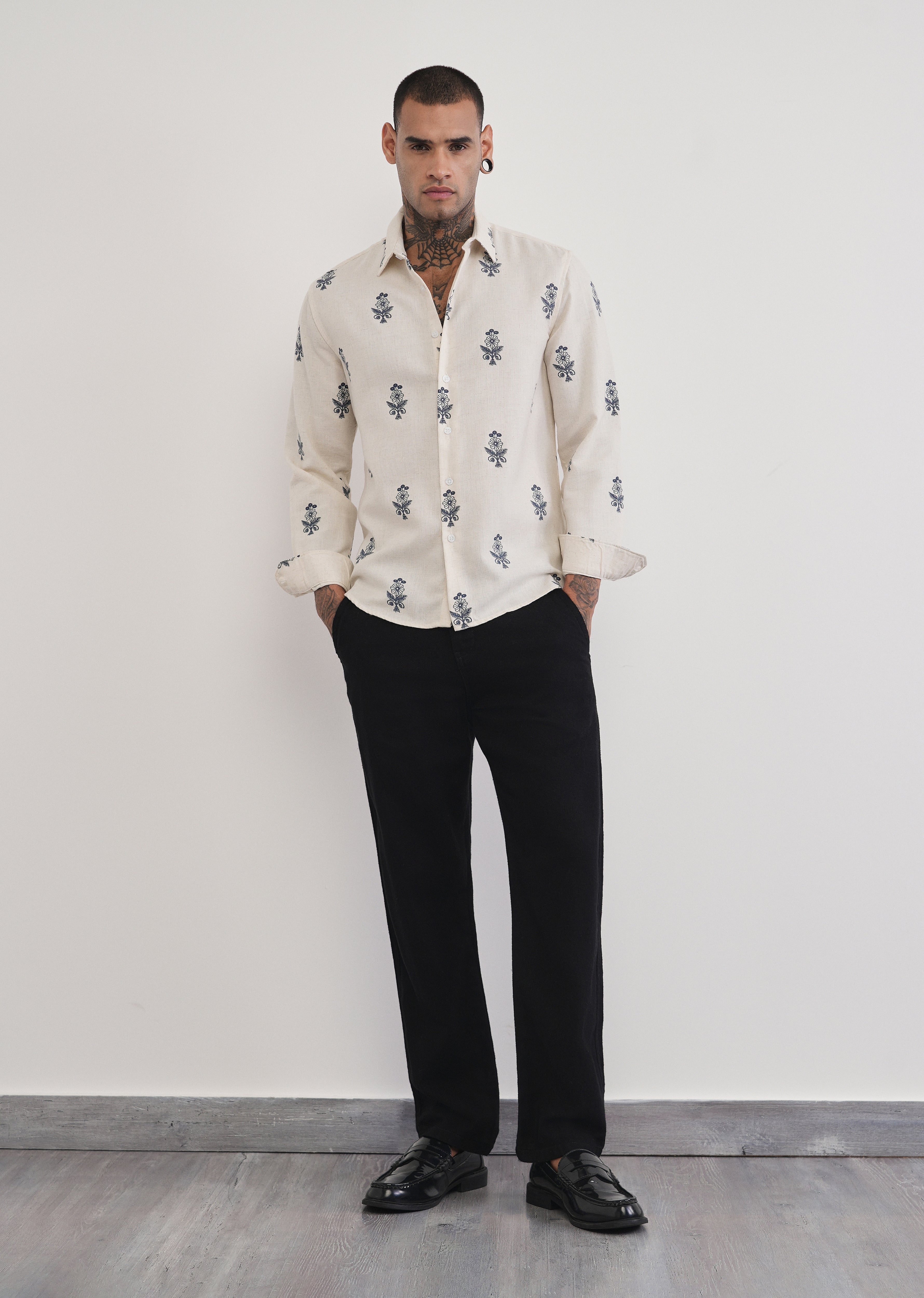 Beige Blended Linen Floral Print Shirt