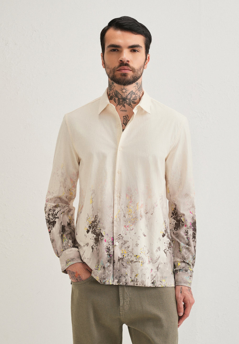 Beige Grey Splatter Printed Shirt