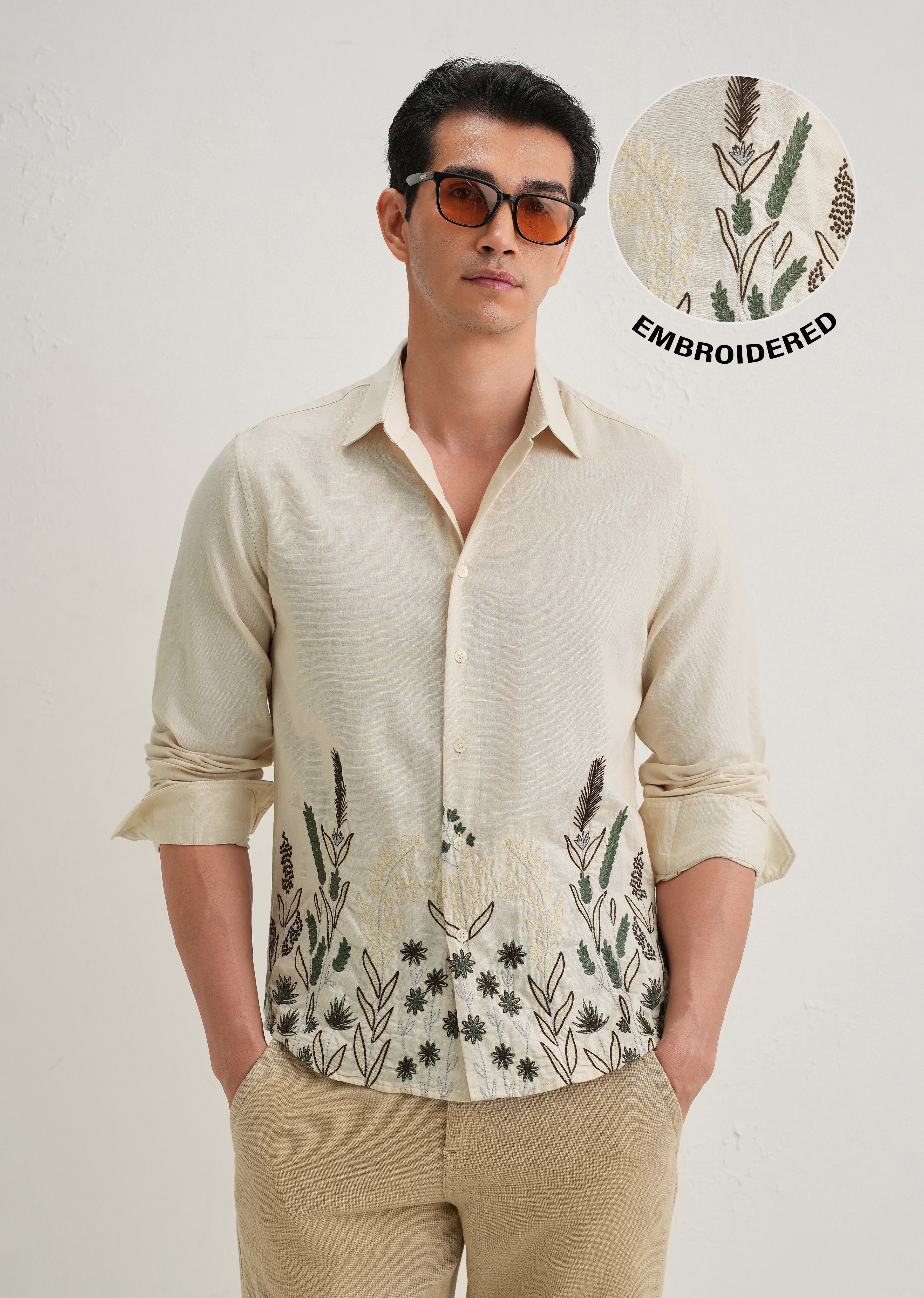 Beige Hem Embroidery Cotton Linen Shirt