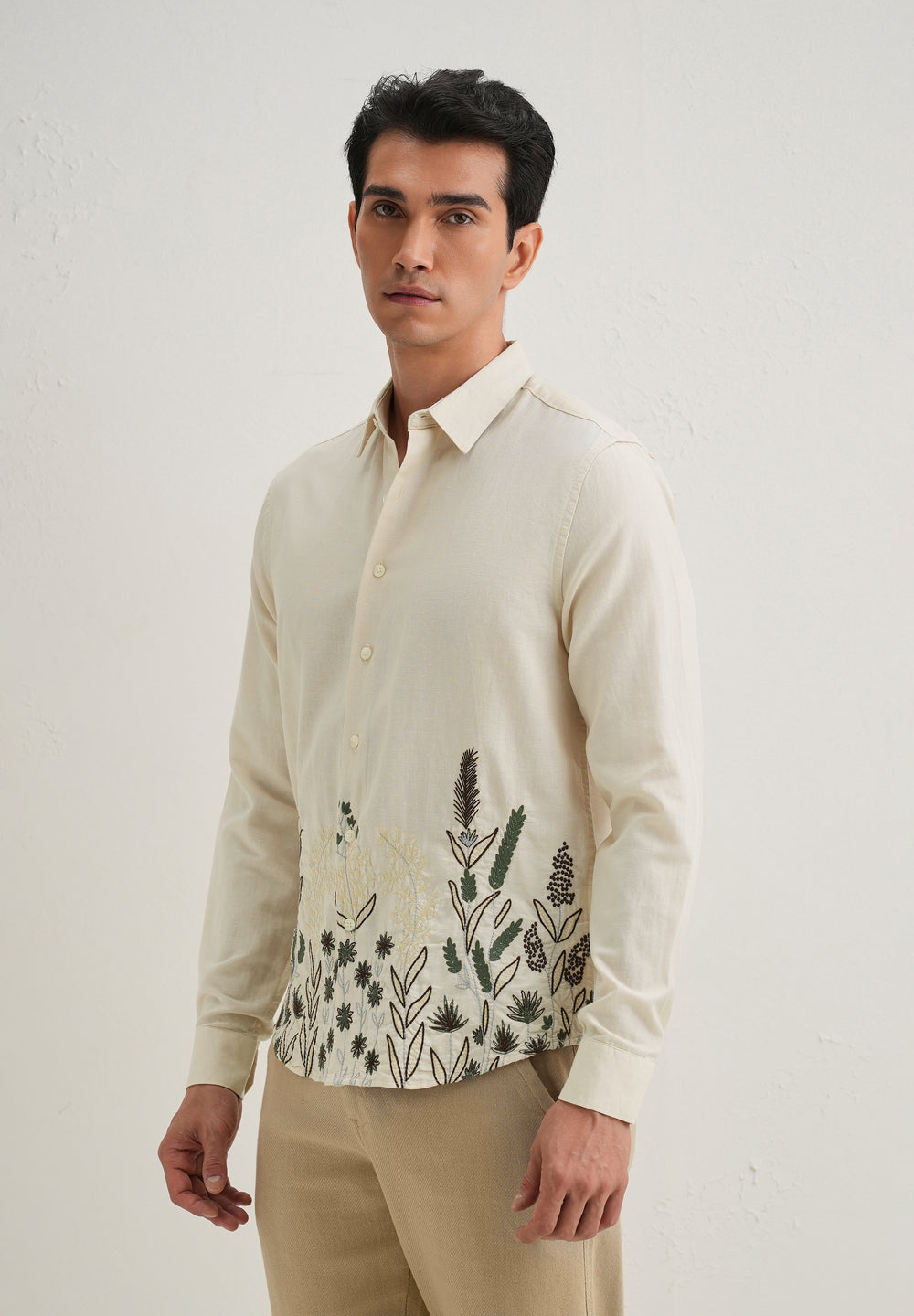 Beige Hem Embroidery Cotton Linen Shirt