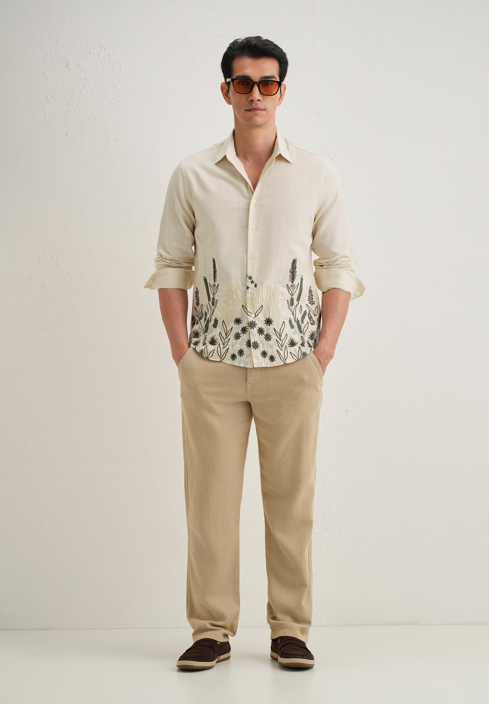 Beige Hem Embroidery Cotton Linen Shirt