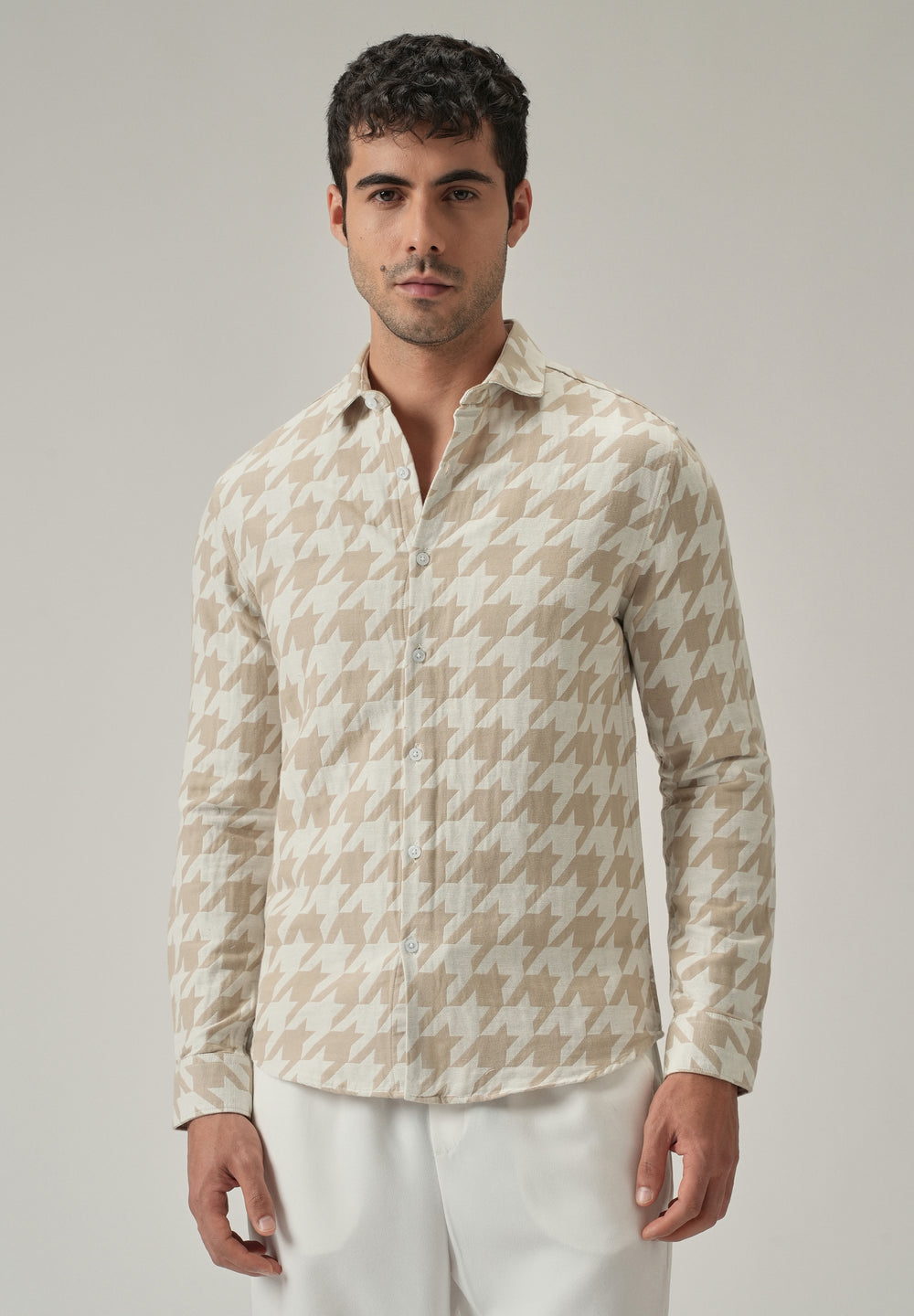 Beige Herringbone Pattern Shirt