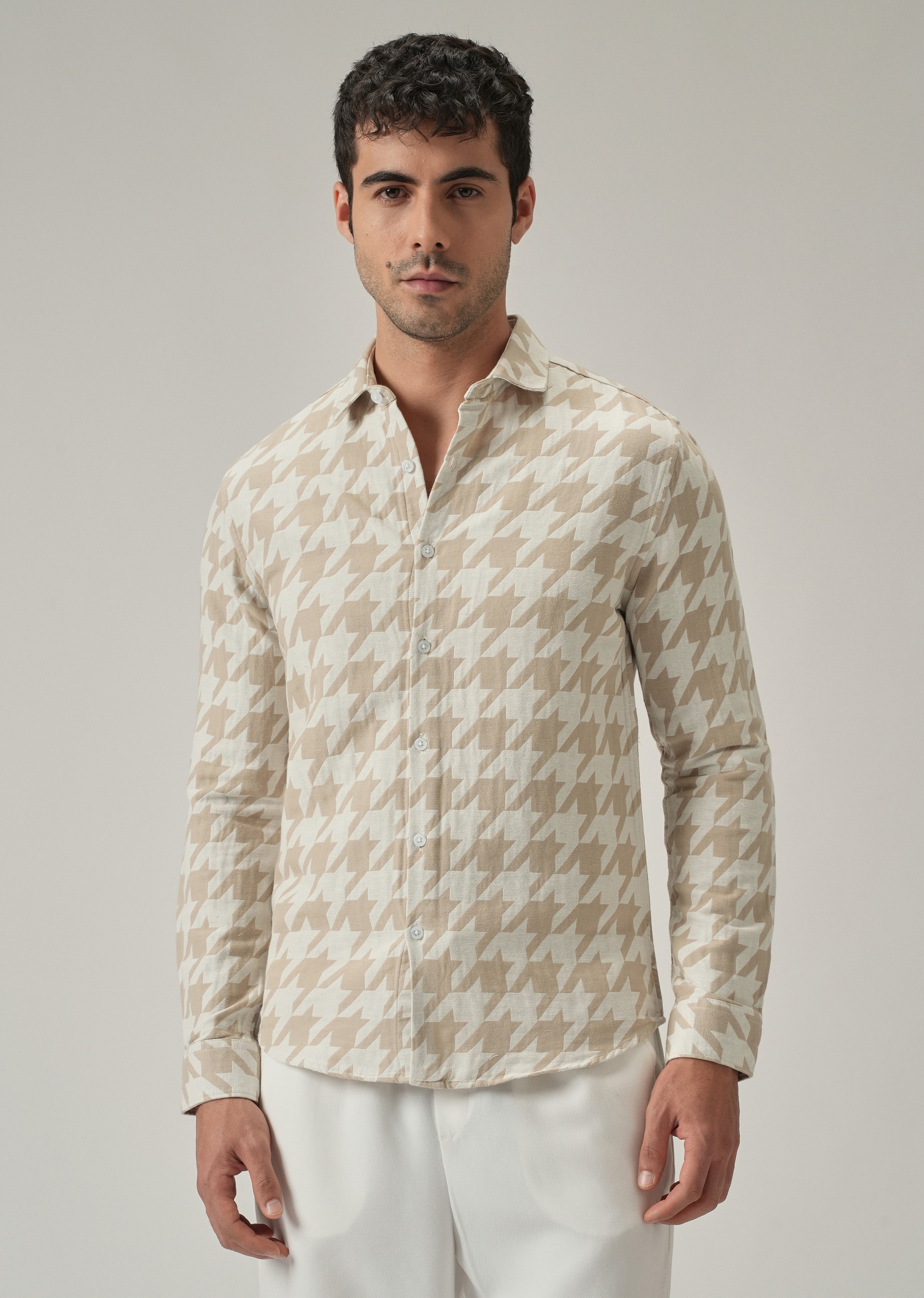 Beige Herringbone Pattern Shirt