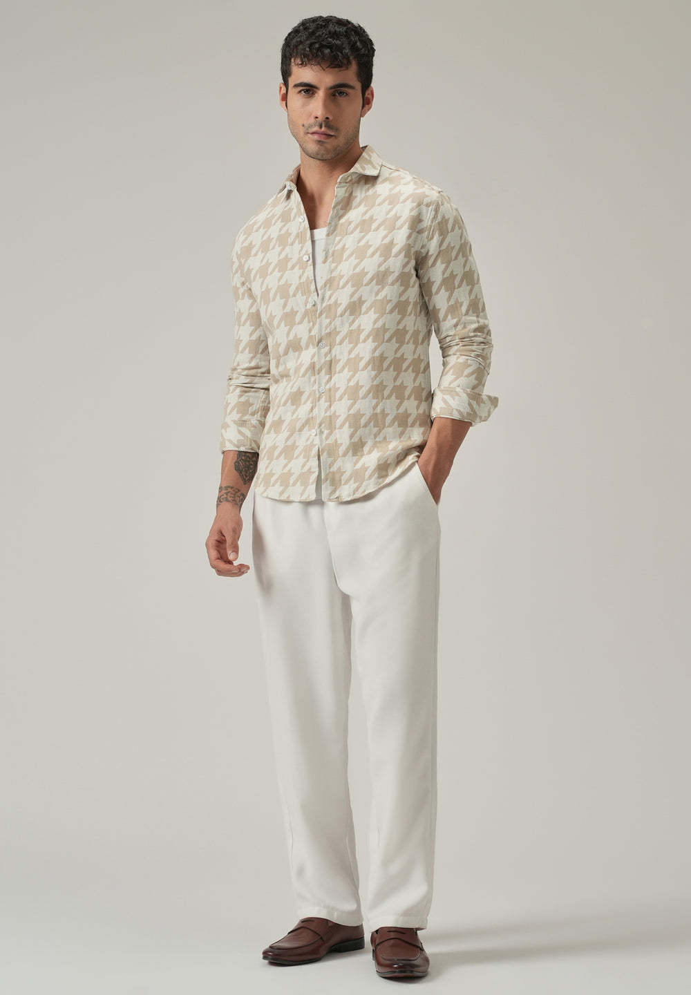 Beige Herringbone Pattern Shirt