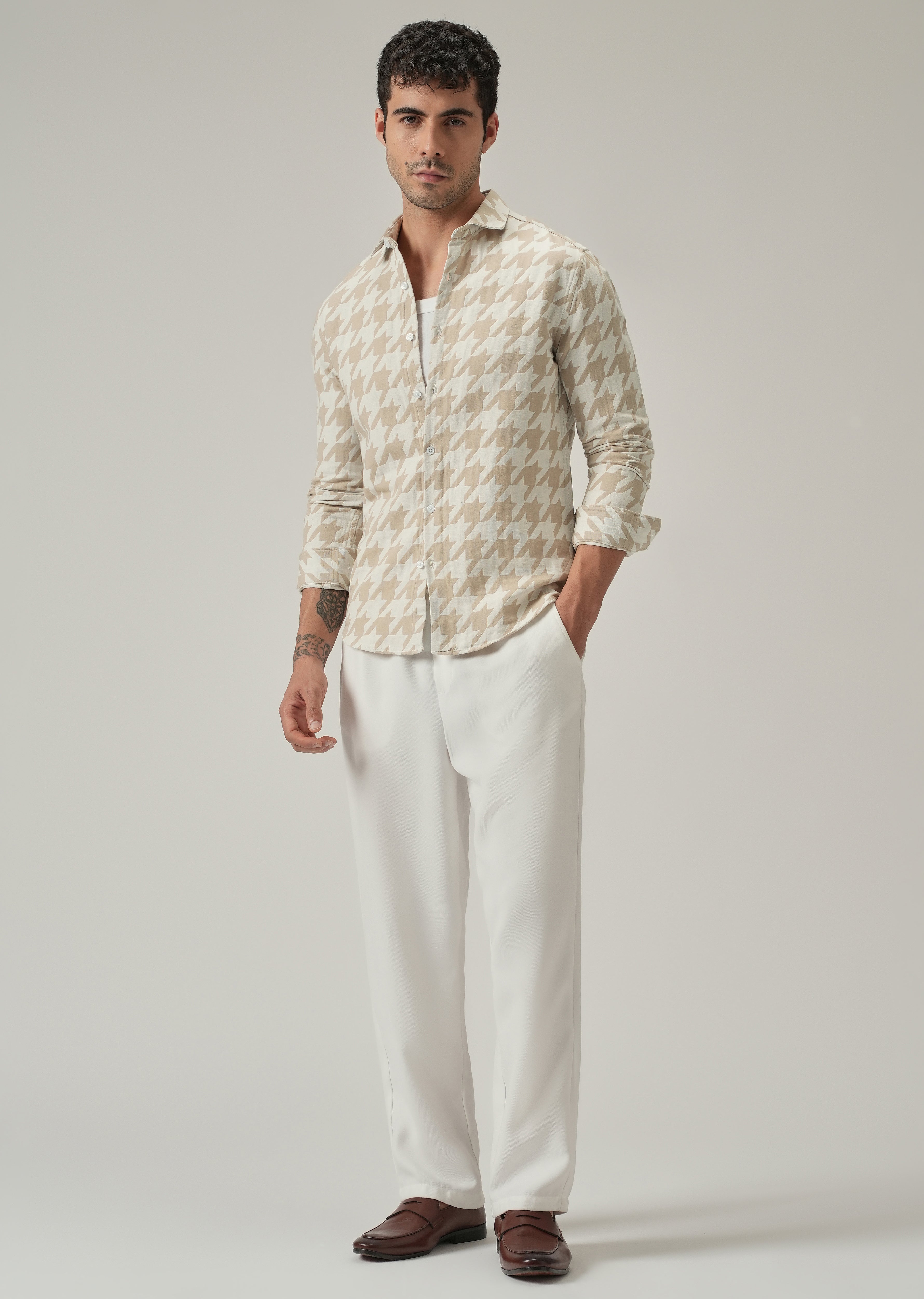 Beige Herringbone Pattern Shirt