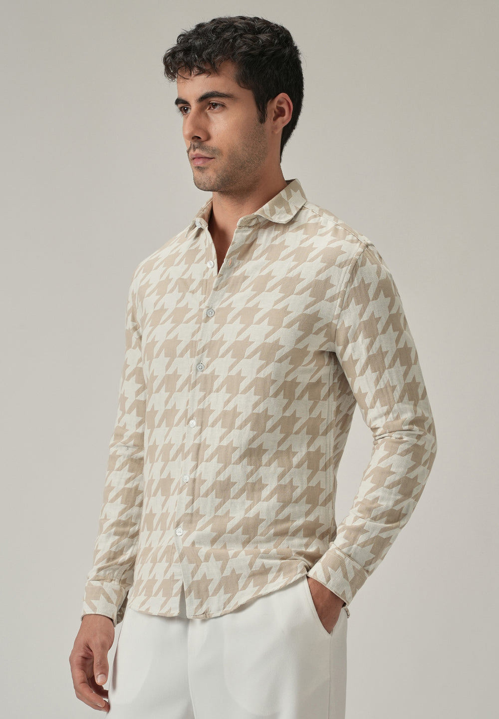 Beige Herringbone Pattern Shirt