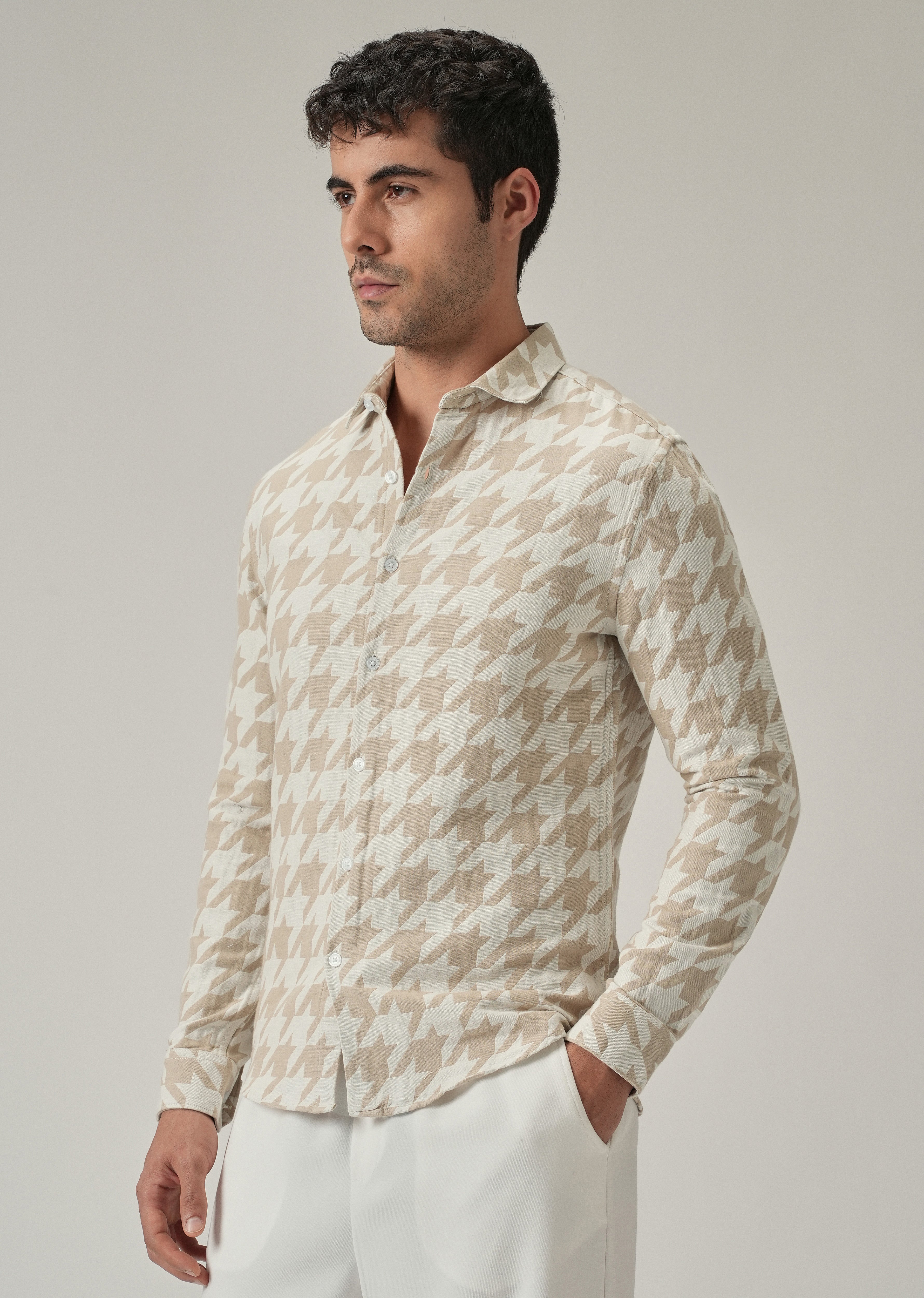 Beige Herringbone Pattern Shirt