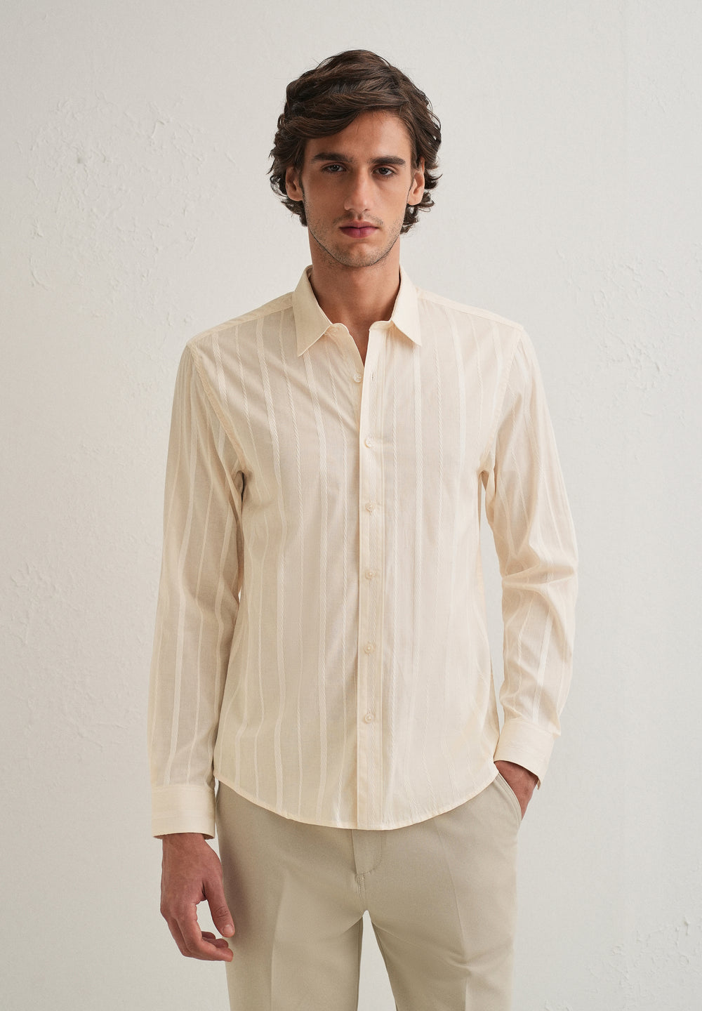 Ivory Beige Herringbone Pattern Shirt