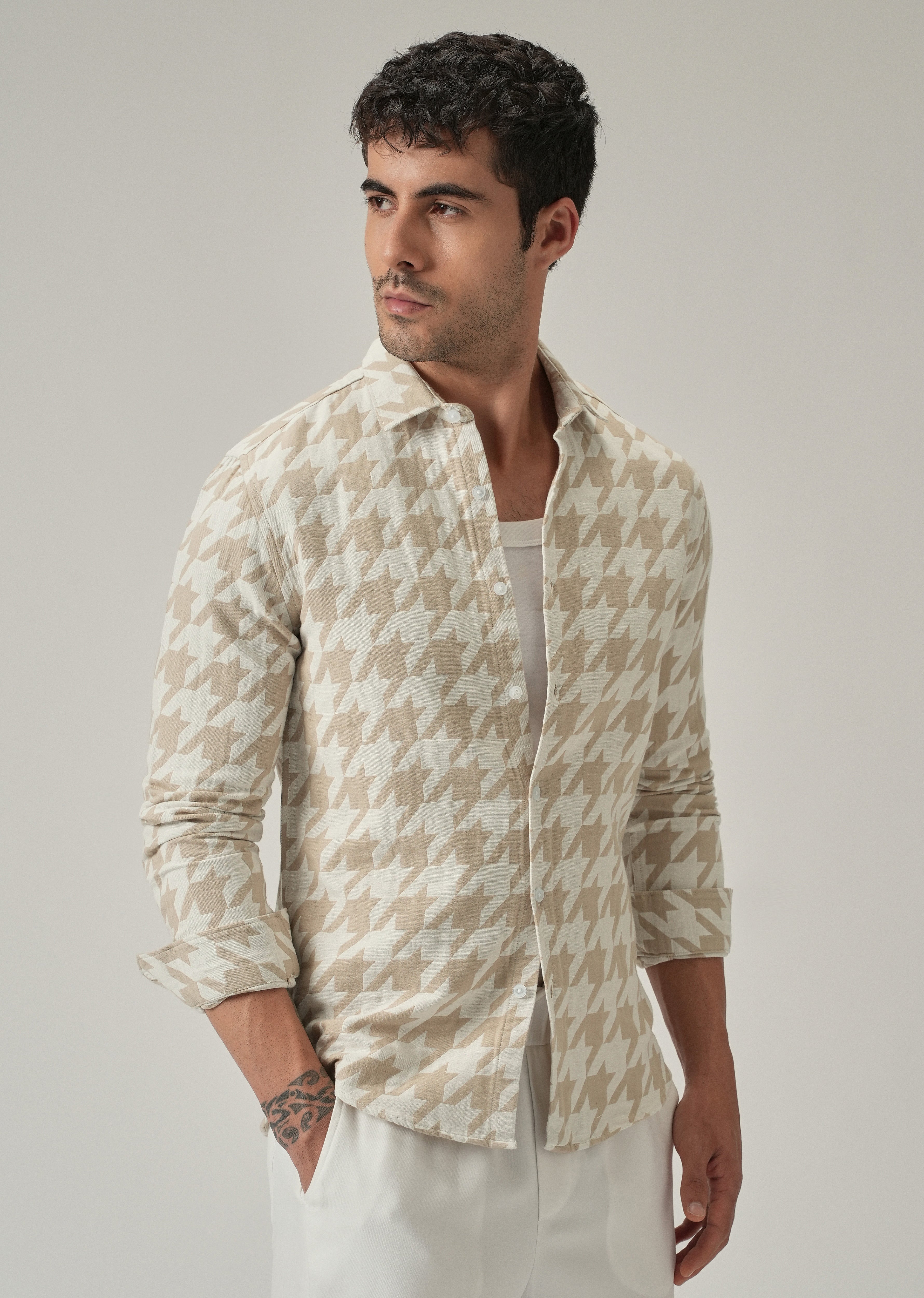 Beige Herringbone Pattern Shirt