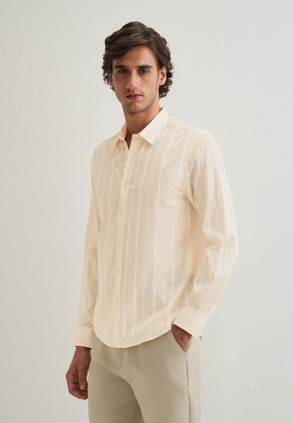 Ivory Beige Herringbone Pattern Shirt