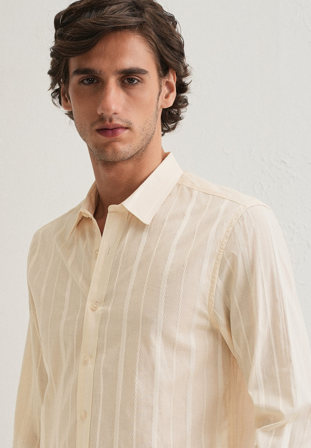 Ivory Beige Herringbone Pattern Shirt