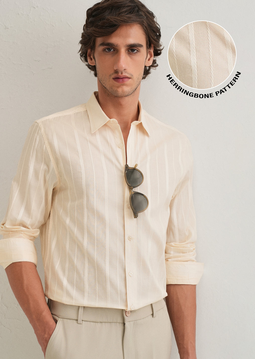 Ivory Beige Herringbone Pattern Shirt