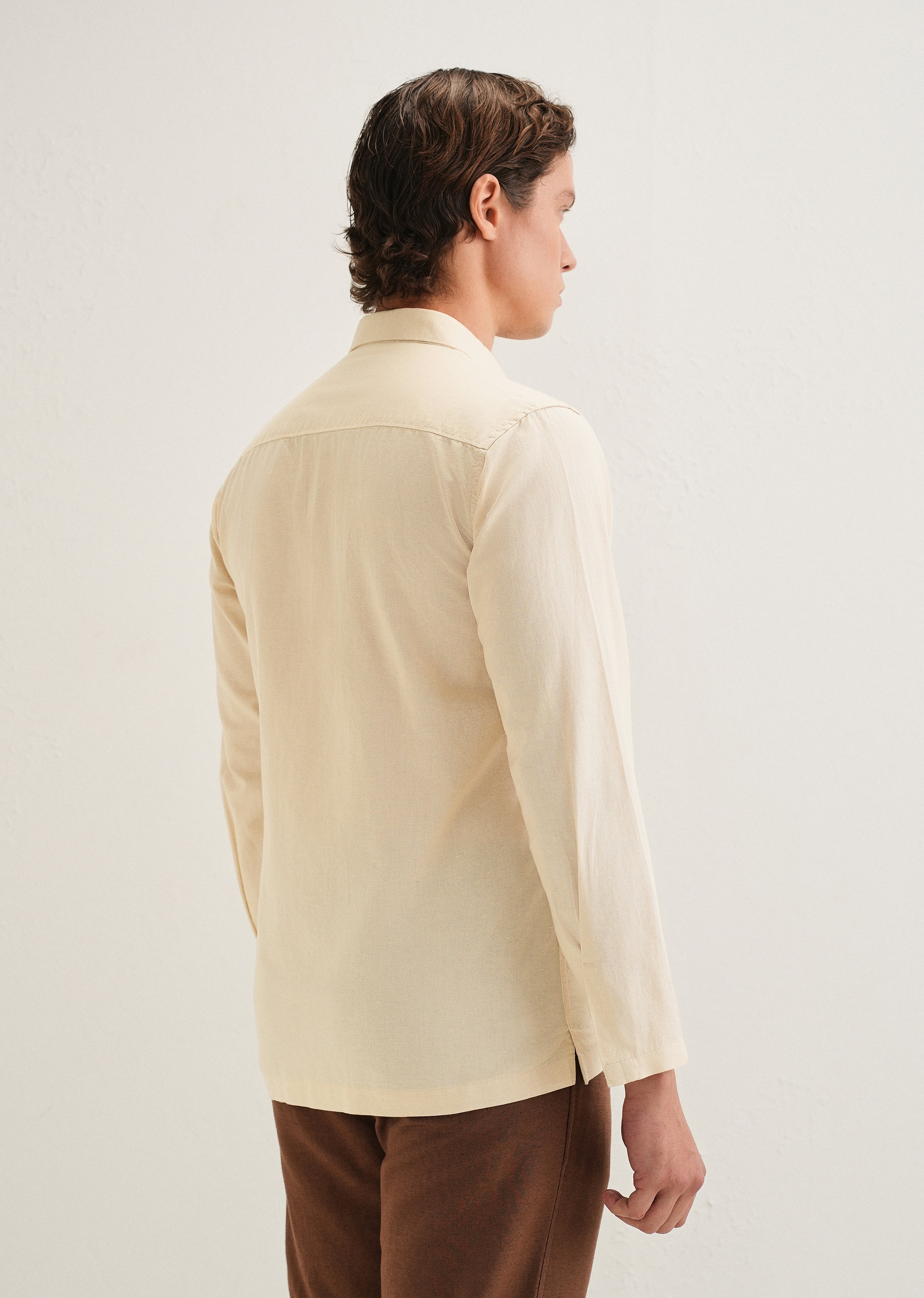 Beige Hidden Sleeve Placket Cotton Linen Shirt