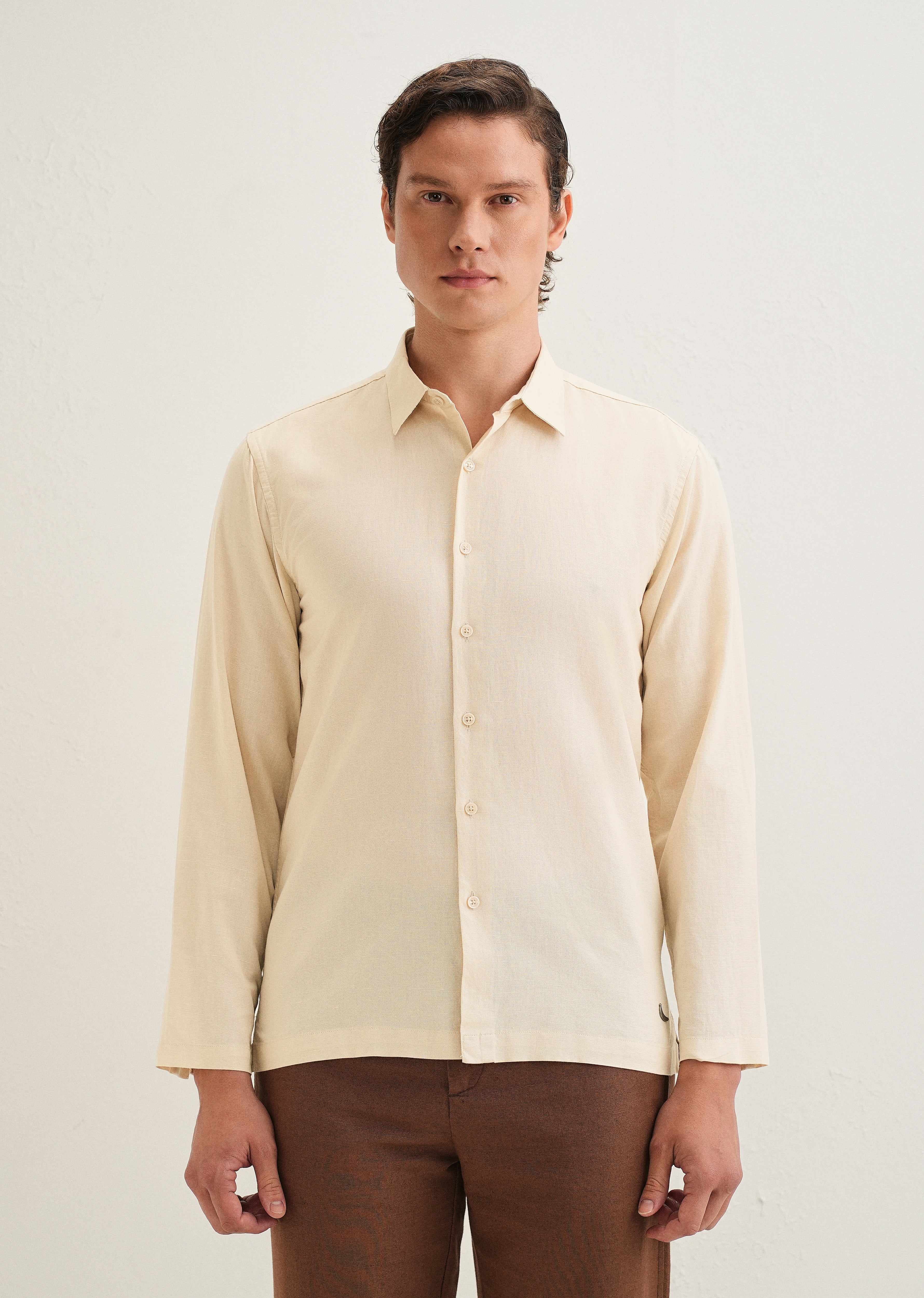 Beige Hidden Sleeve Placket Cotton Linen Shirt