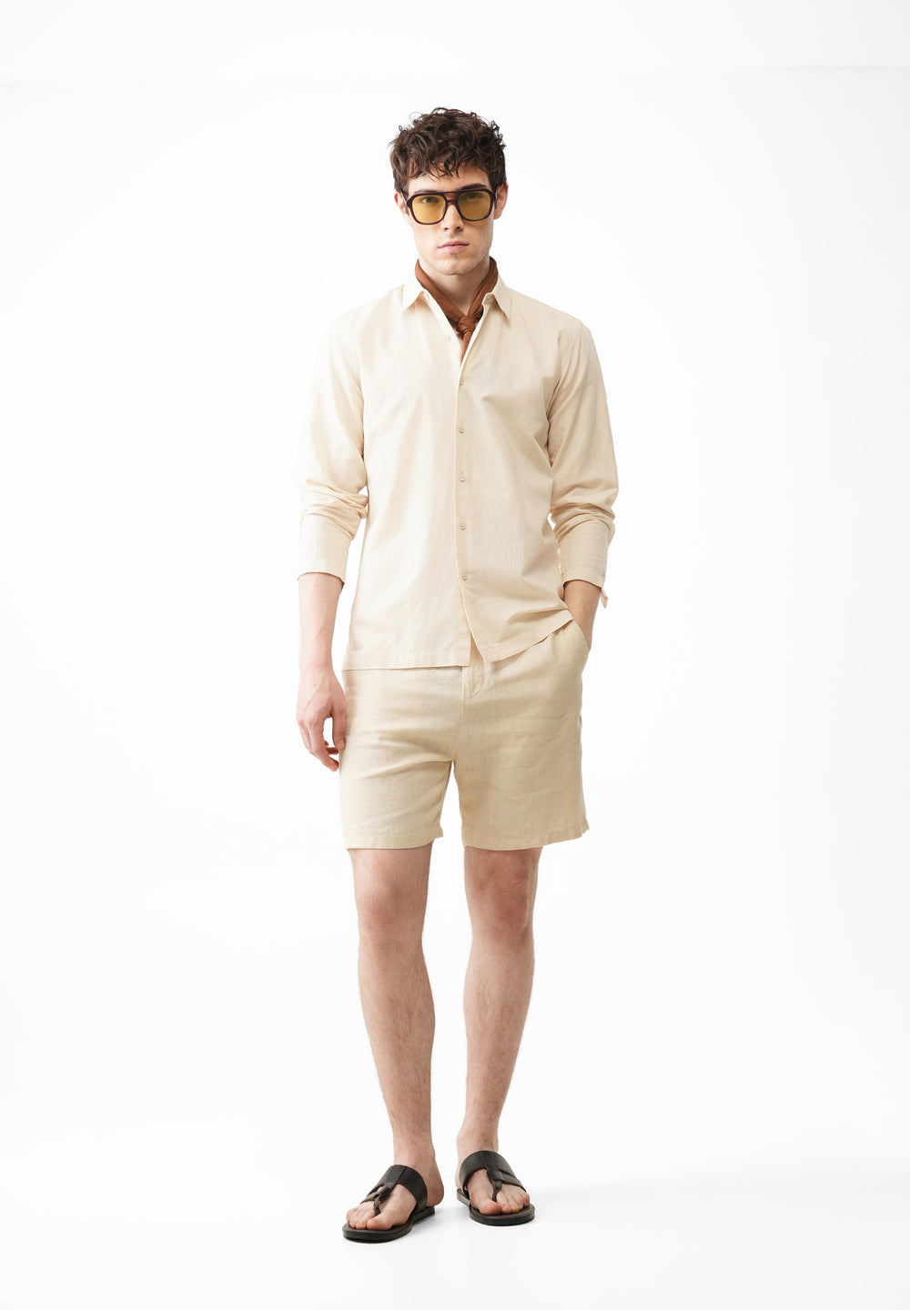 Beige Hidden Sleeve Placket Cotton Linen Shirt