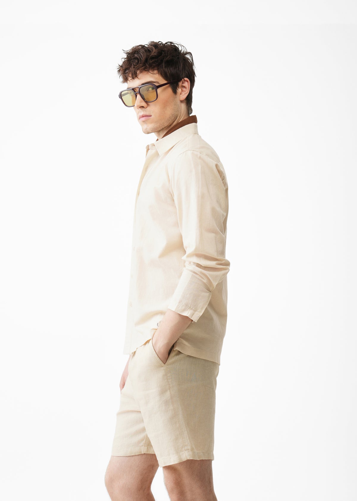 Beige Hidden Sleeve Placket Cotton Linen Shirt