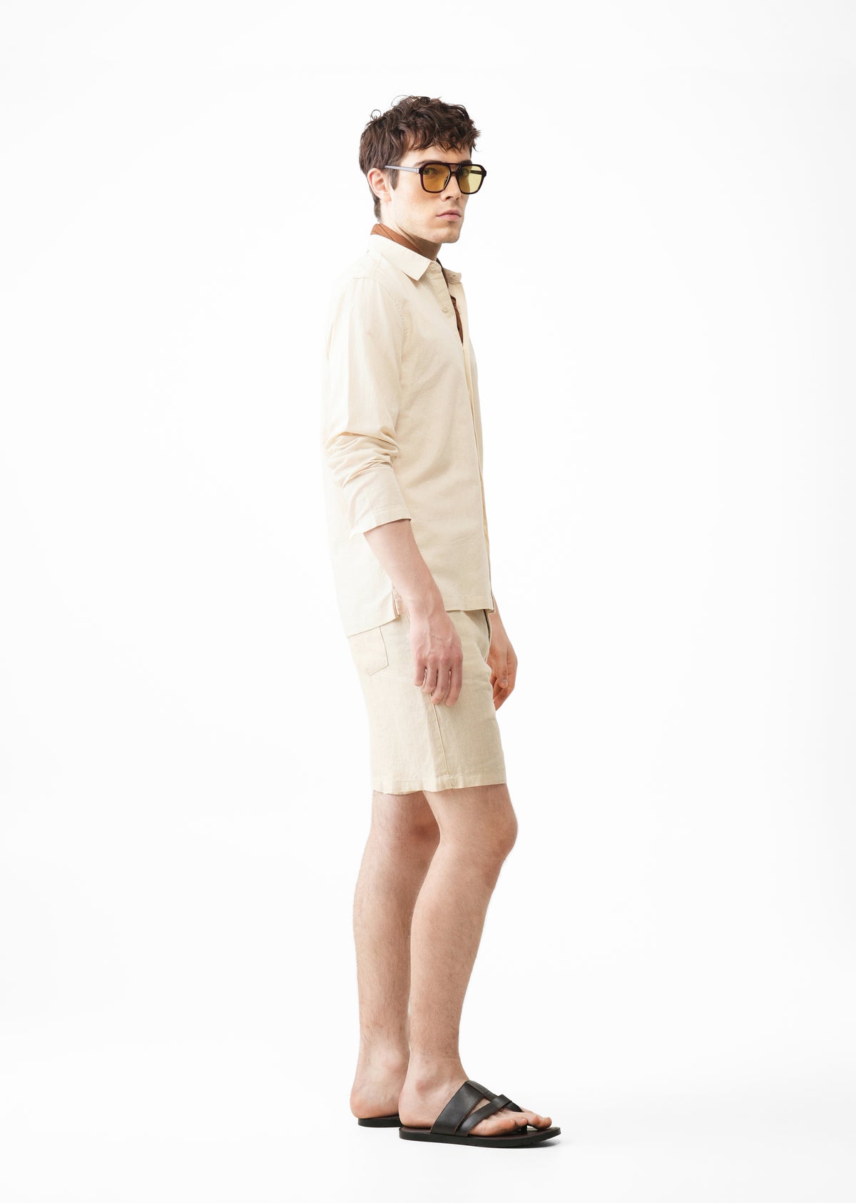 Beige Hidden Sleeve Placket Cotton Linen Shirt