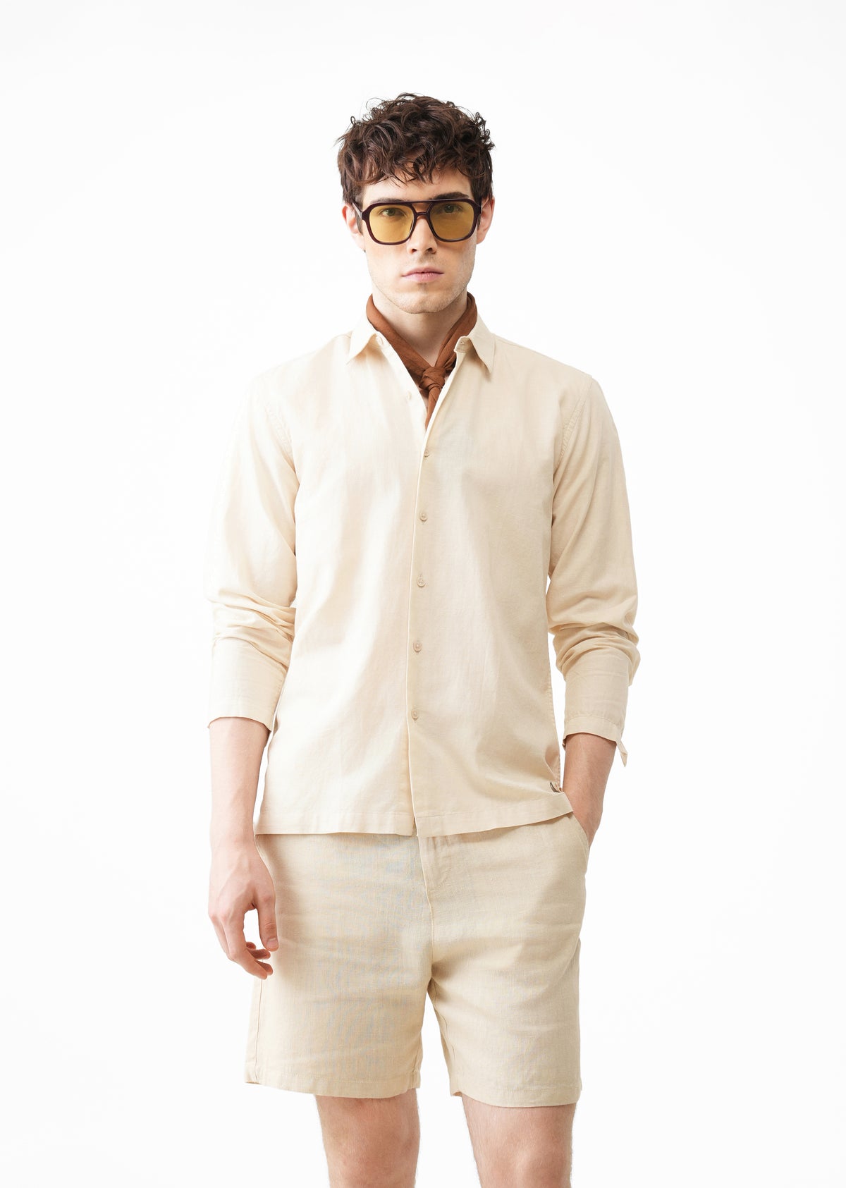Beige Hidden Sleeve Placket Cotton Linen Shirt