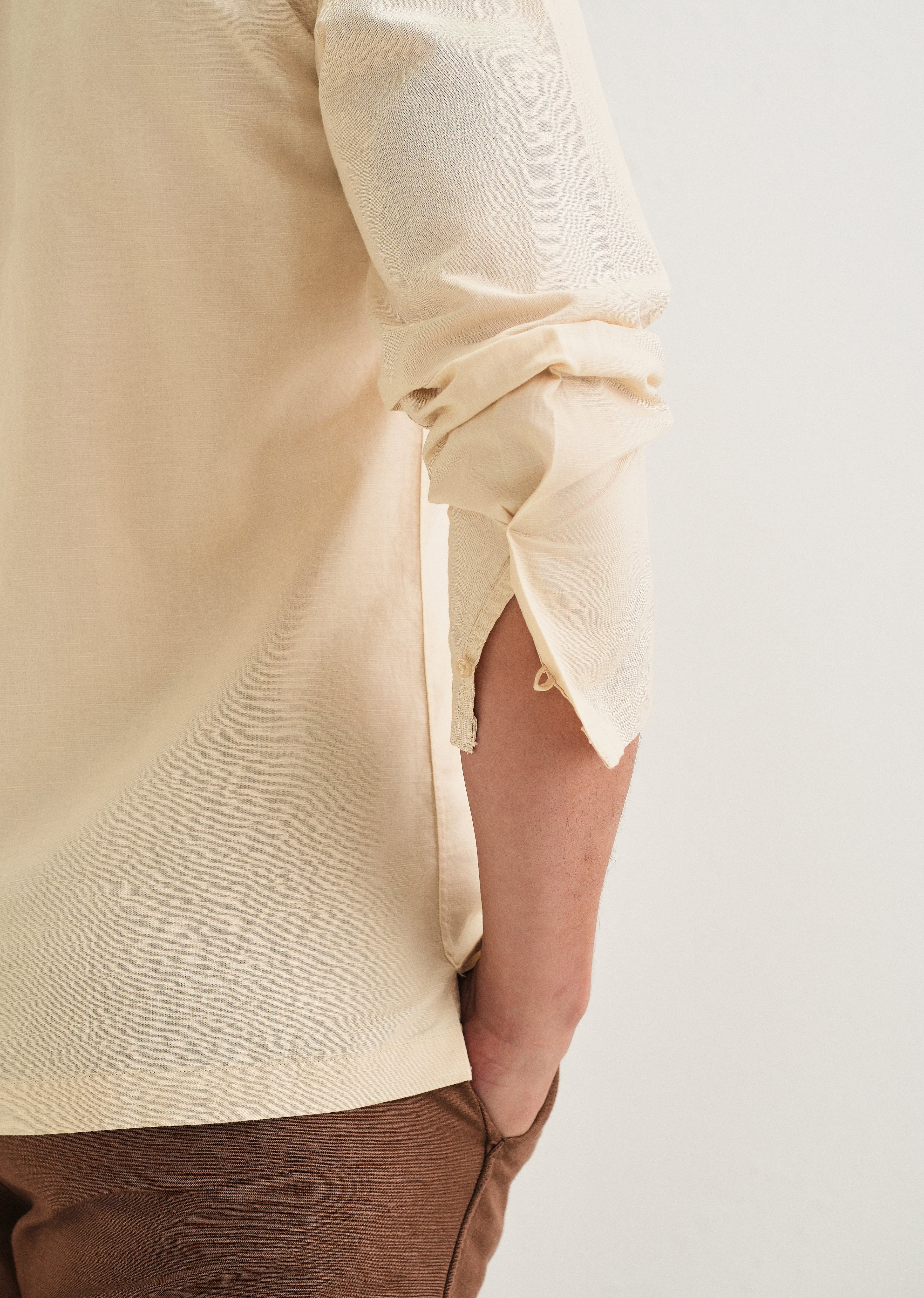 Beige Hidden Sleeve Placket Cotton Linen Shirt