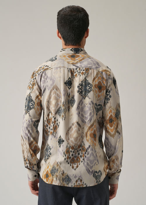 Beige Ikat Motif Print Feather Shirt