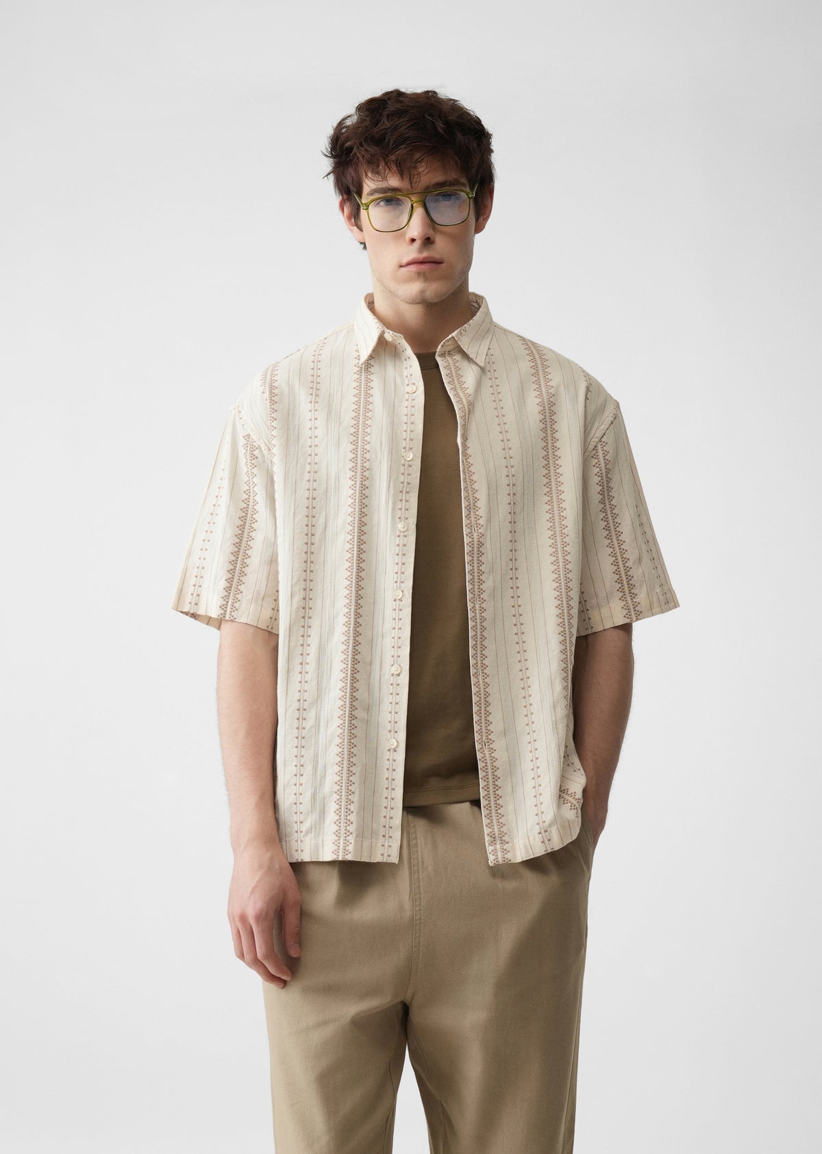 Beige Jacquard Stripe Cotton Shirt