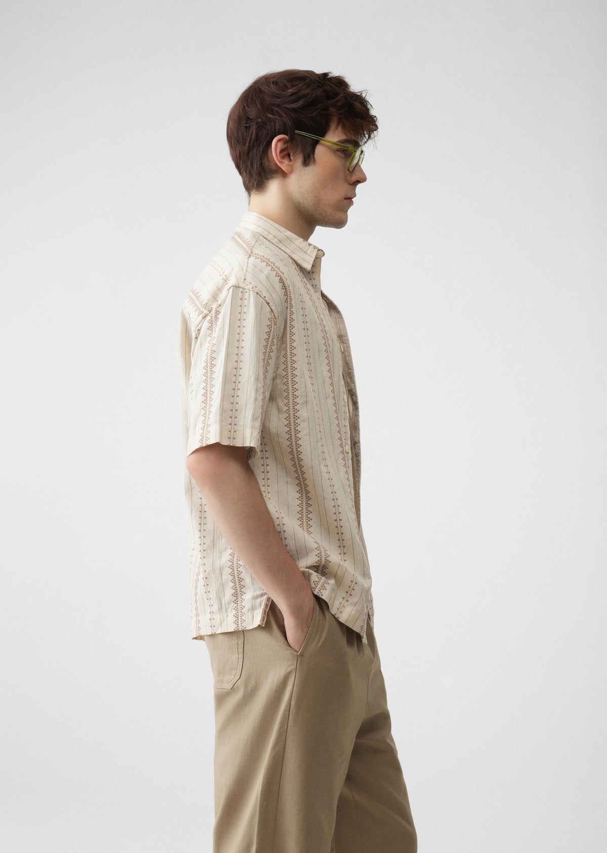 Beige Jacquard Stripe Cotton Shirt