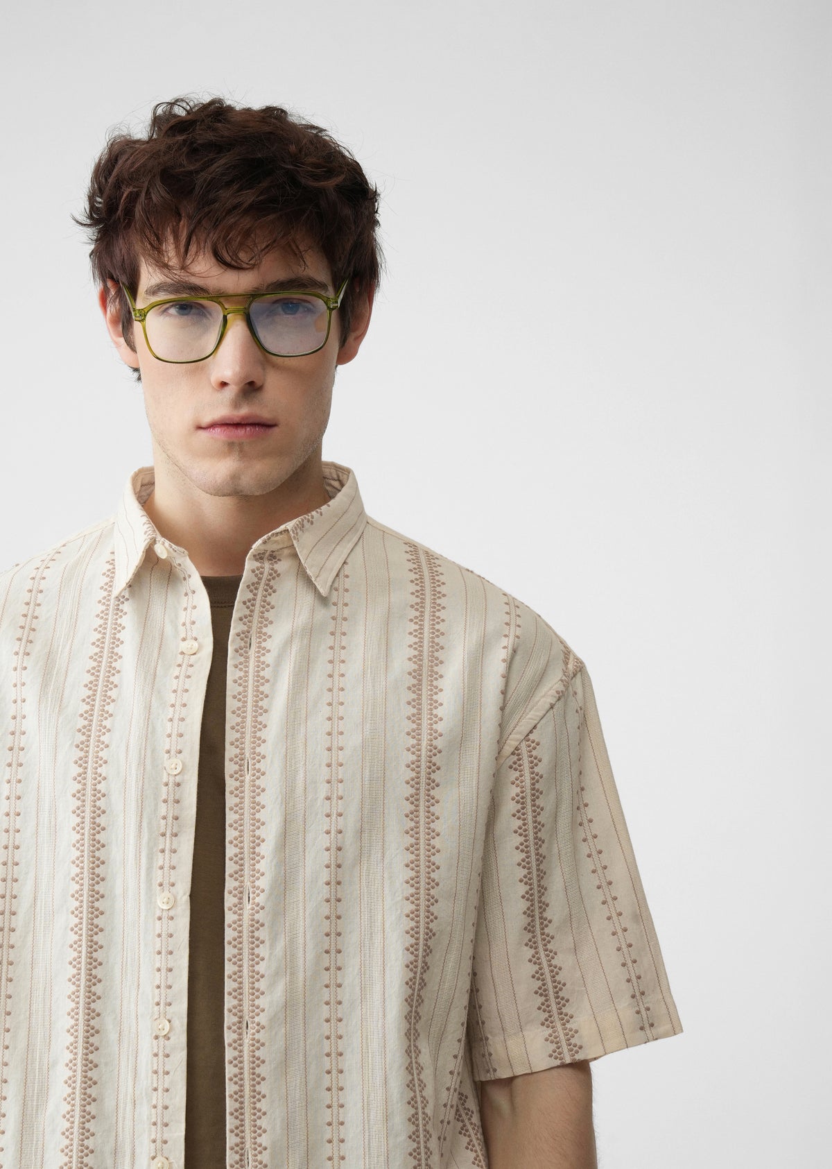 Beige Jacquard Stripe Cotton Shirt