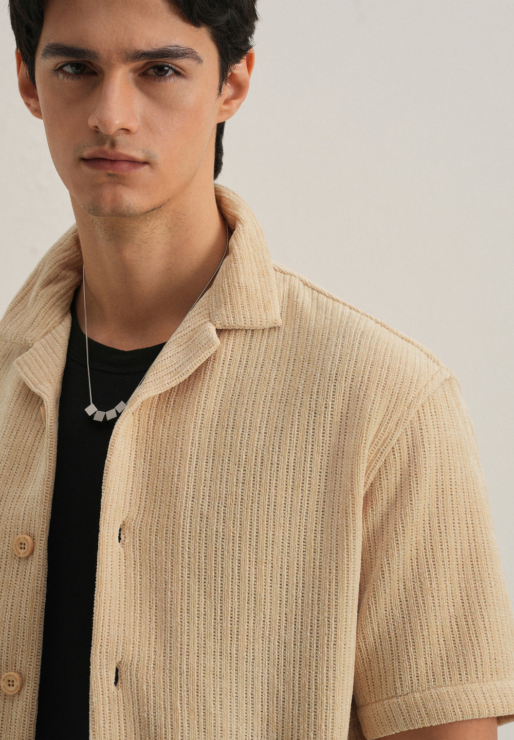 Beige Suede Knit Cuban Collar Shirt
