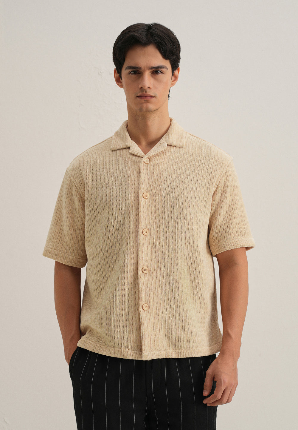 Beige Suede Knit Cuban Collar Shirt