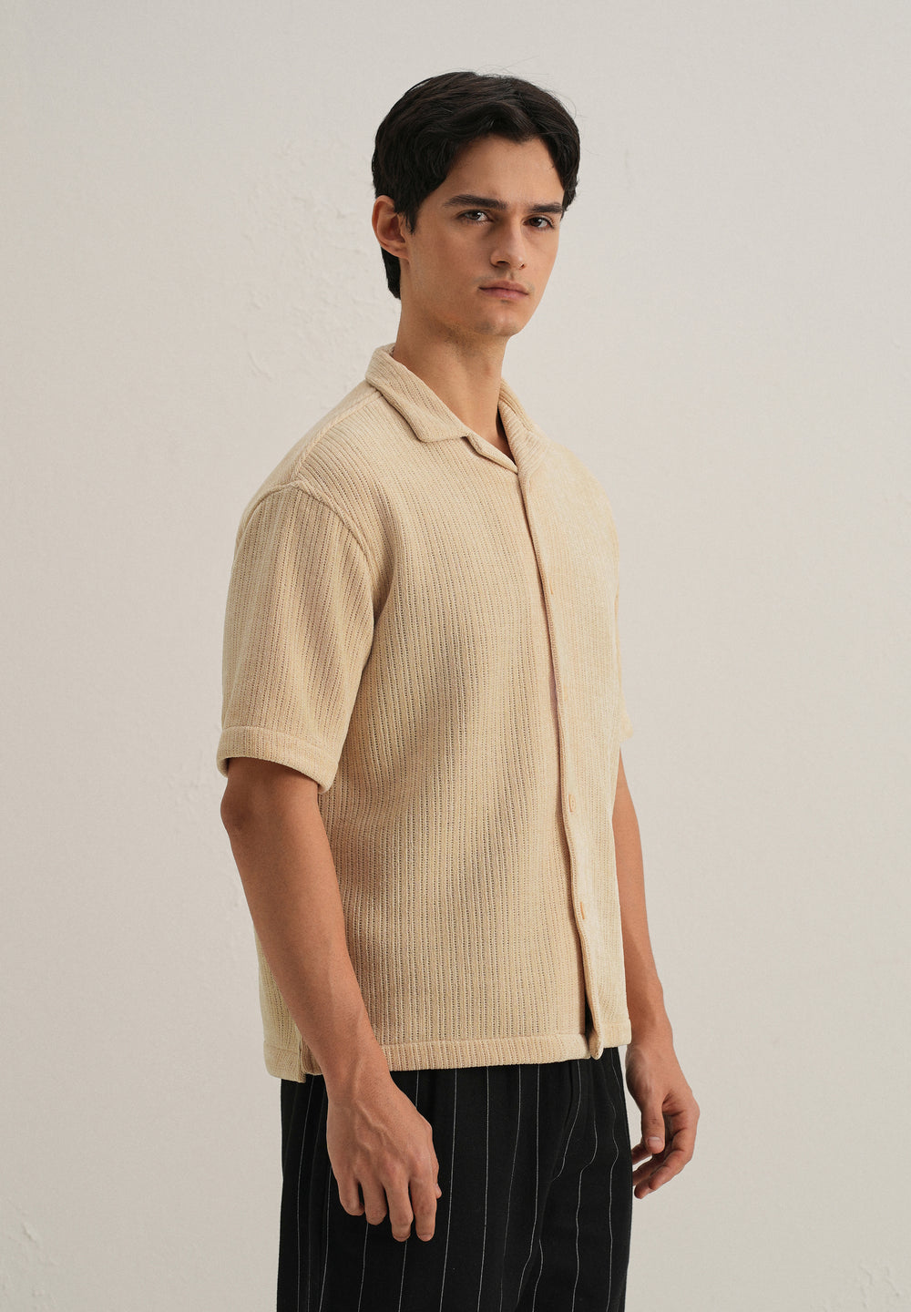 Beige Suede Knit Cuban Collar Shirt