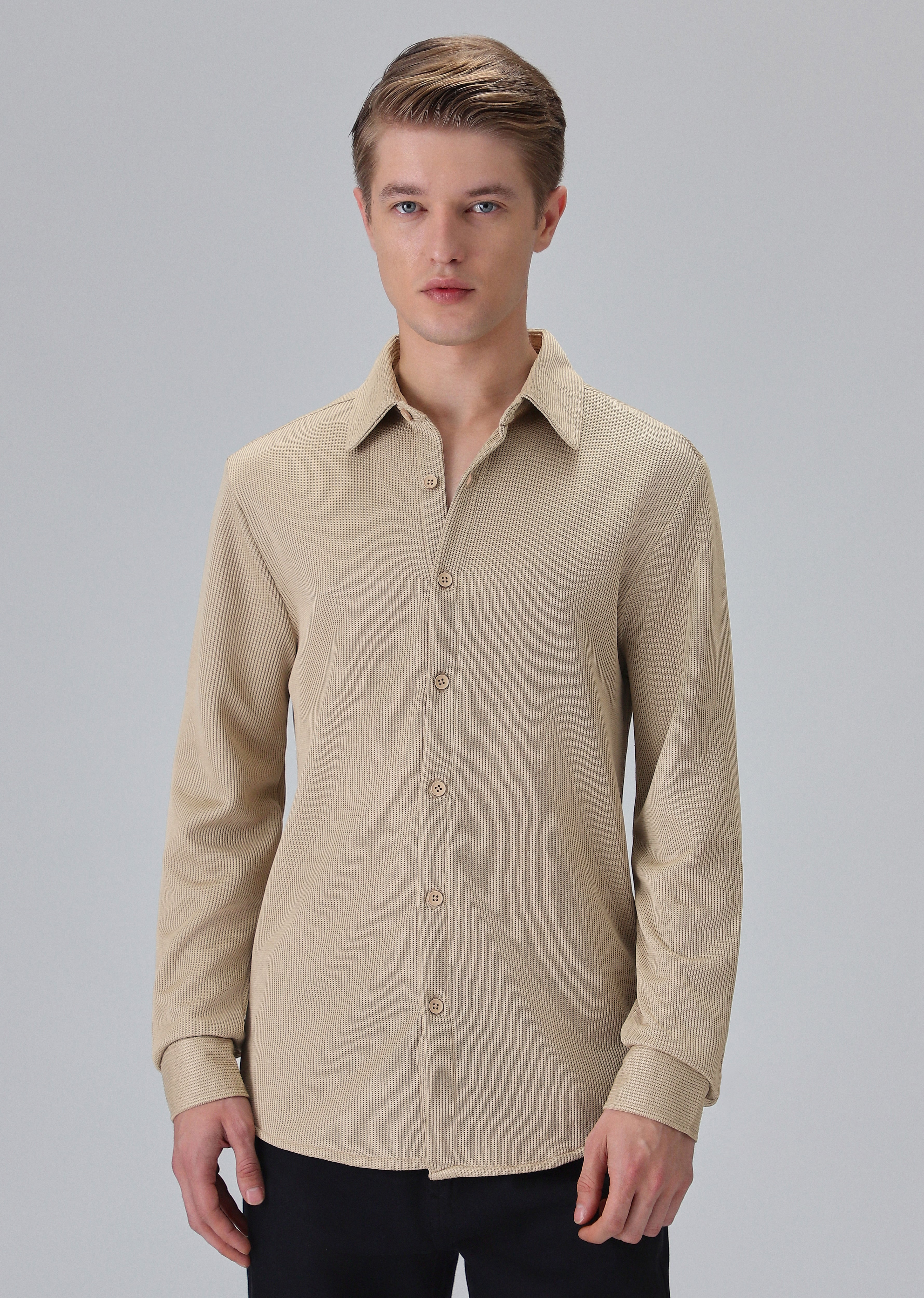 Beige Plain Knitted Shirt