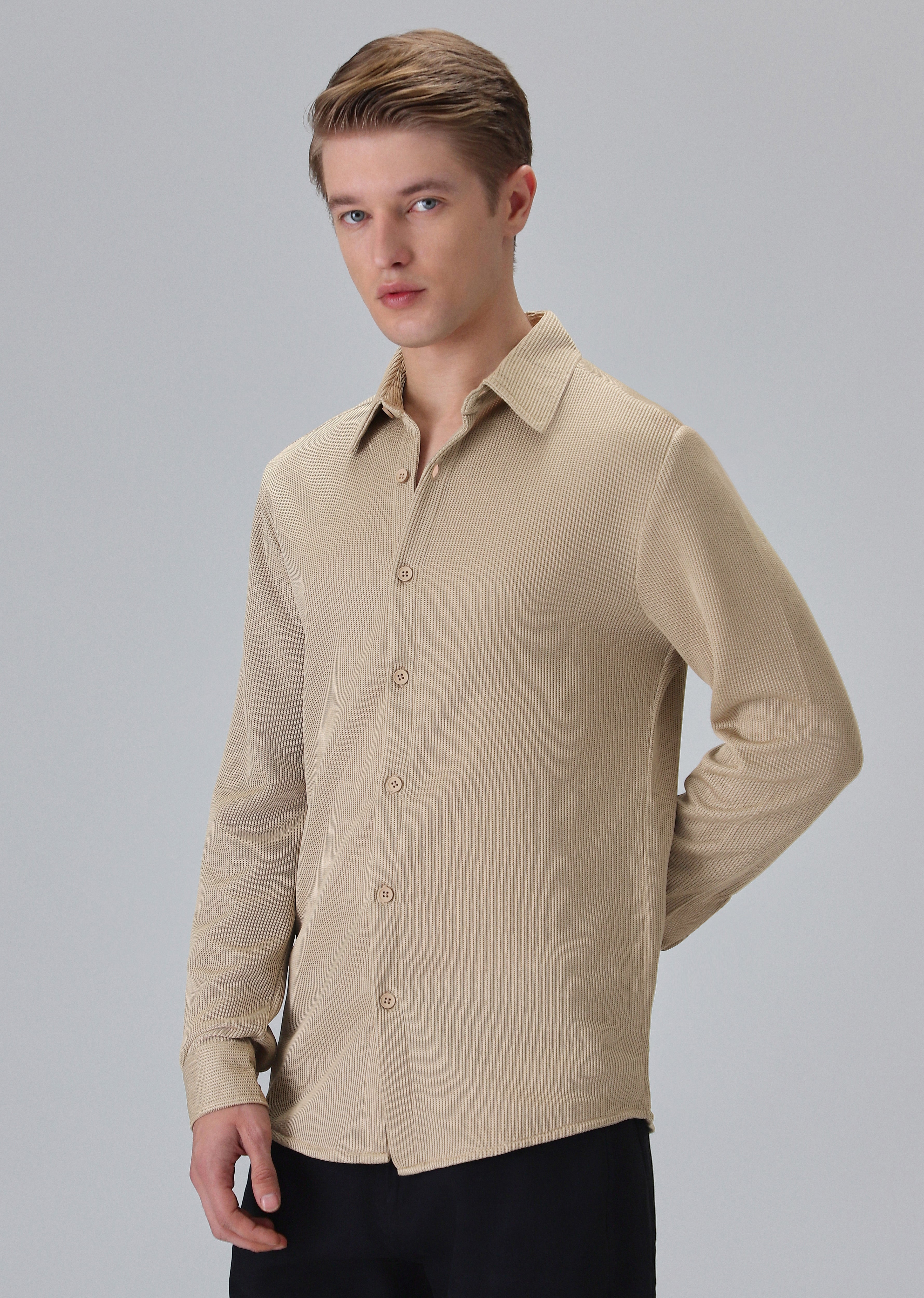 Beige Plain Knitted Shirt