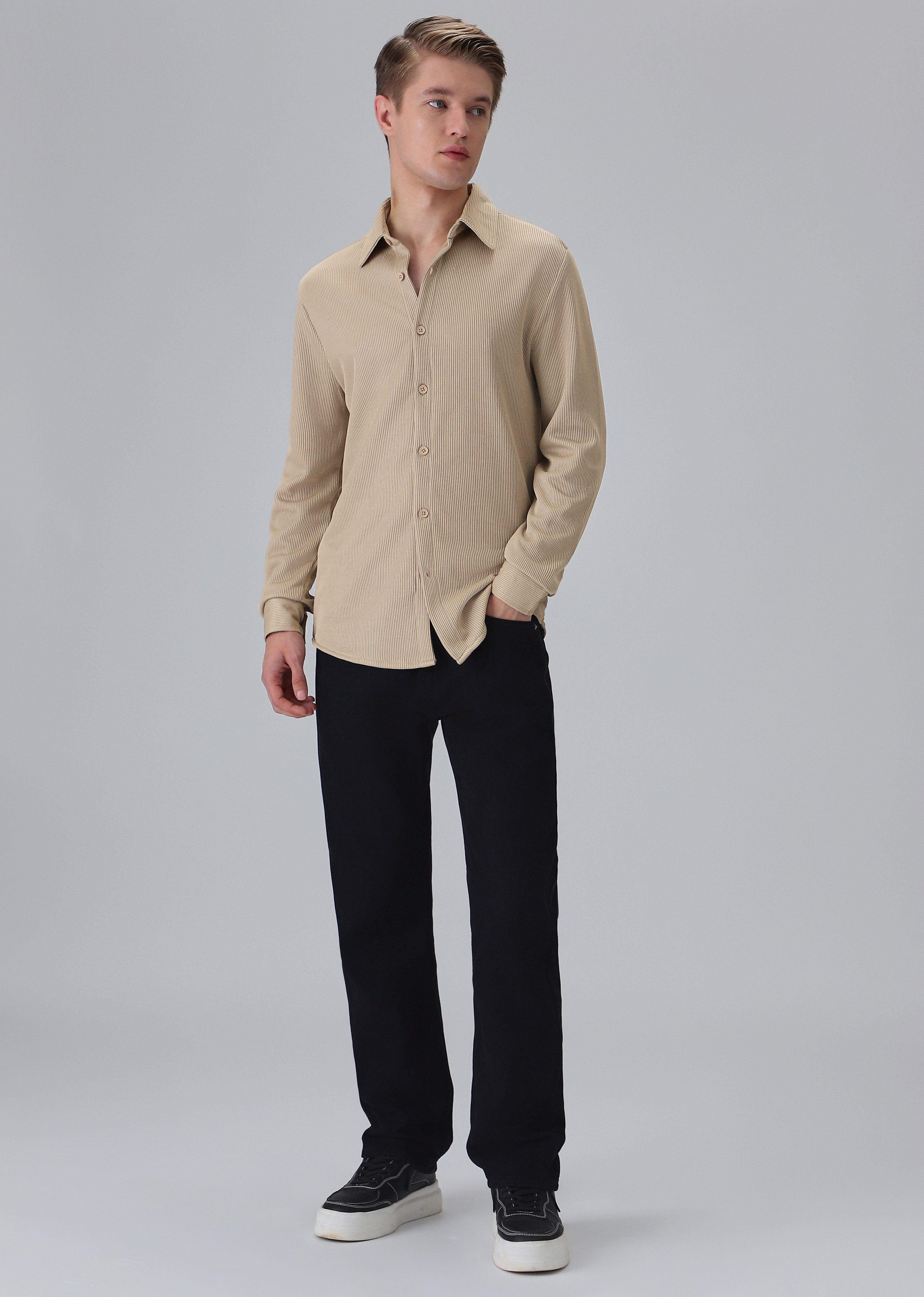 Beige Plain Knitted Shirt