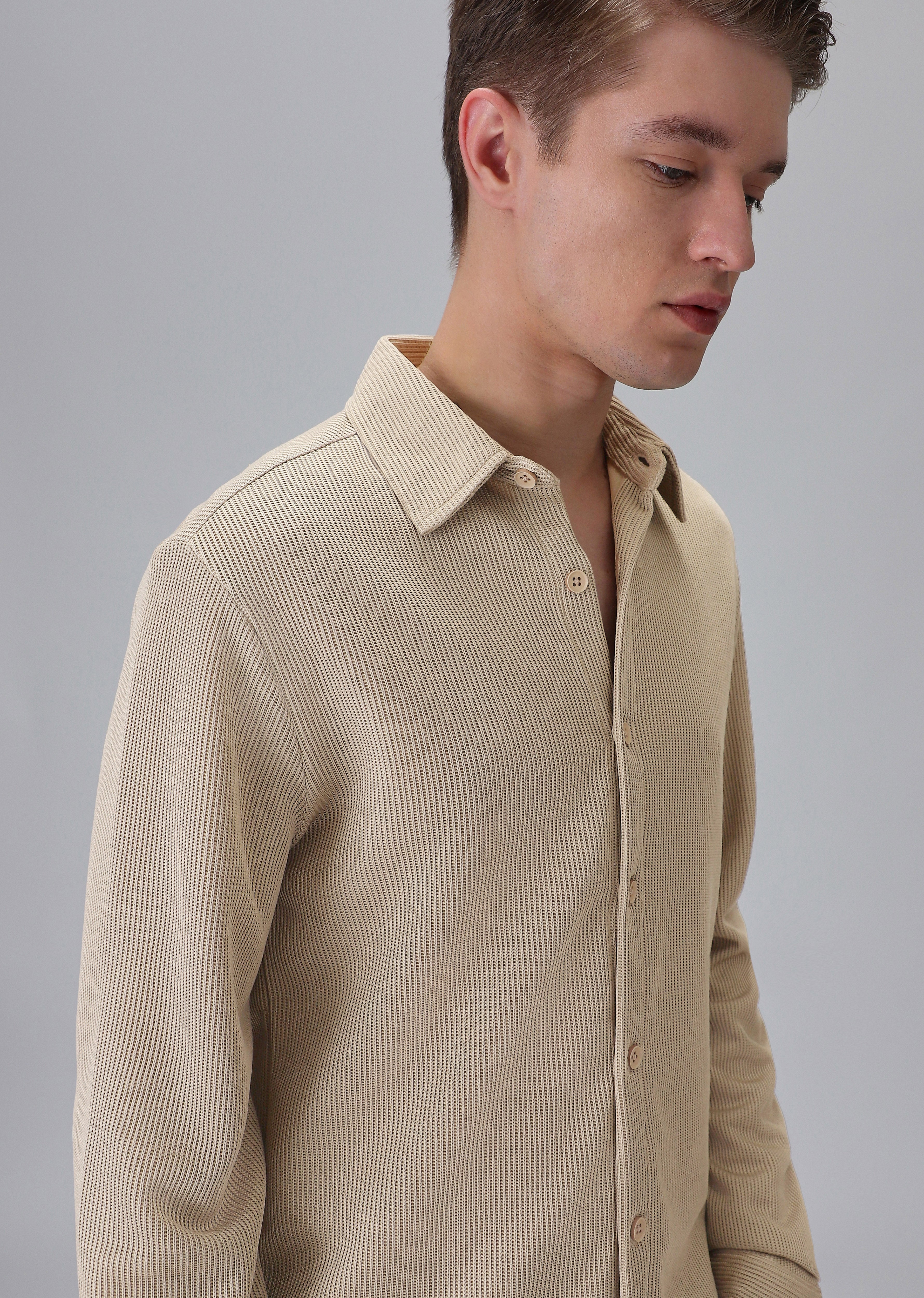 Beige Plain Knitted Shirt