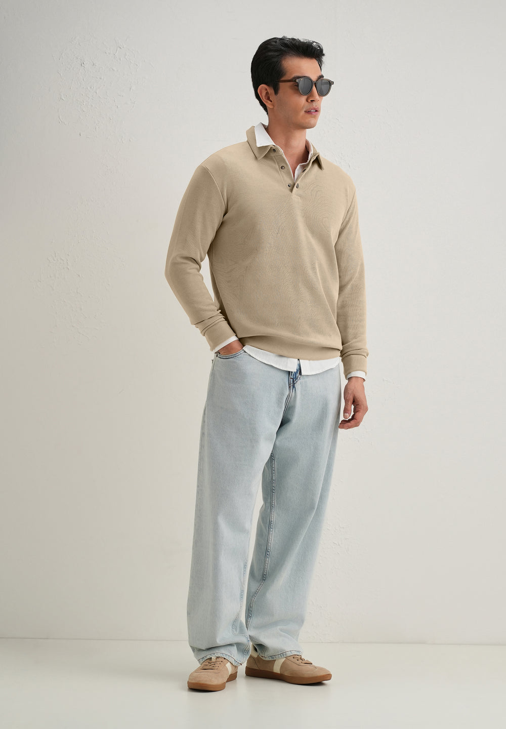 Beige Knitted Polo Sweatshirt