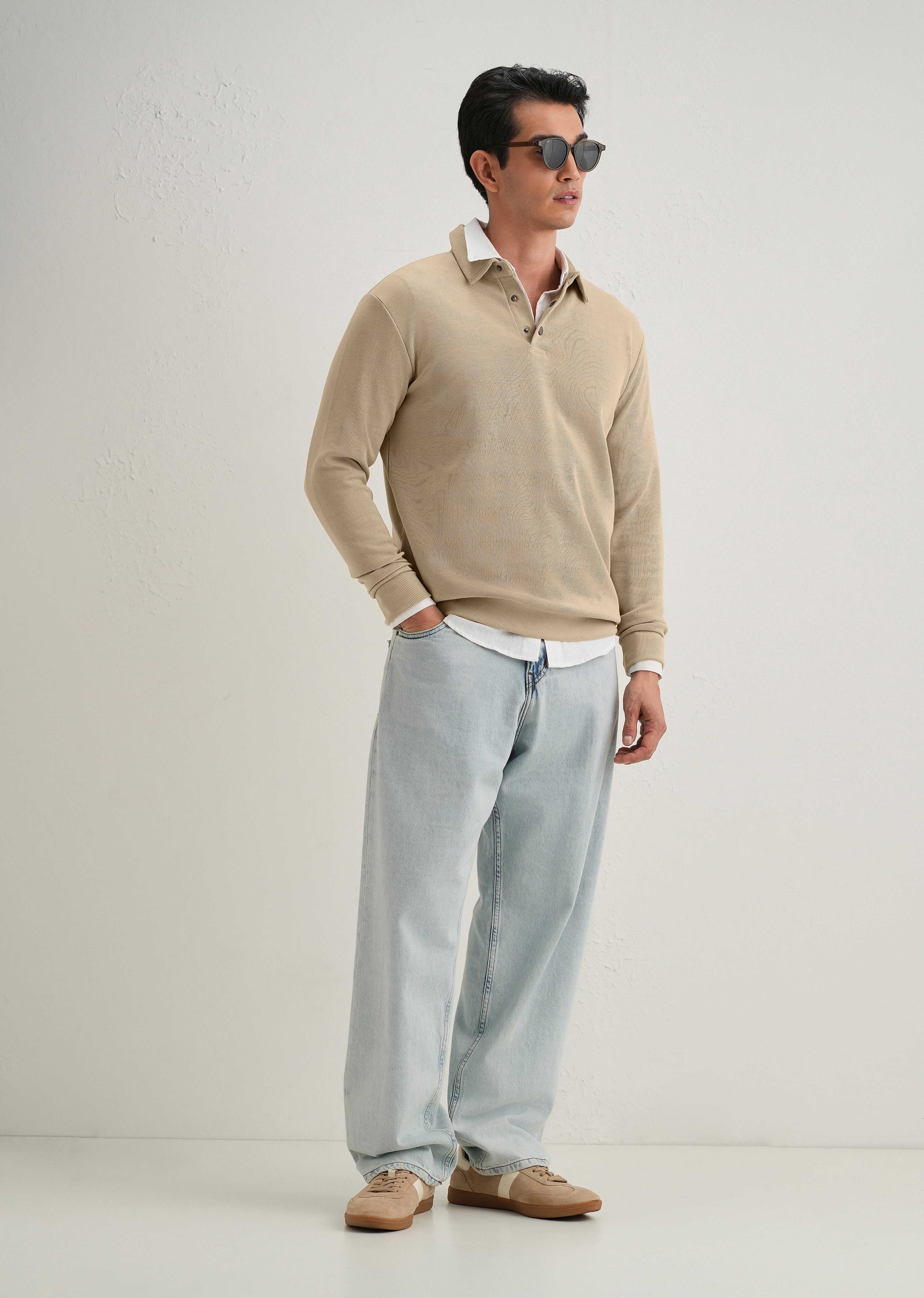 Beige Knitted Polo Sweatshirt